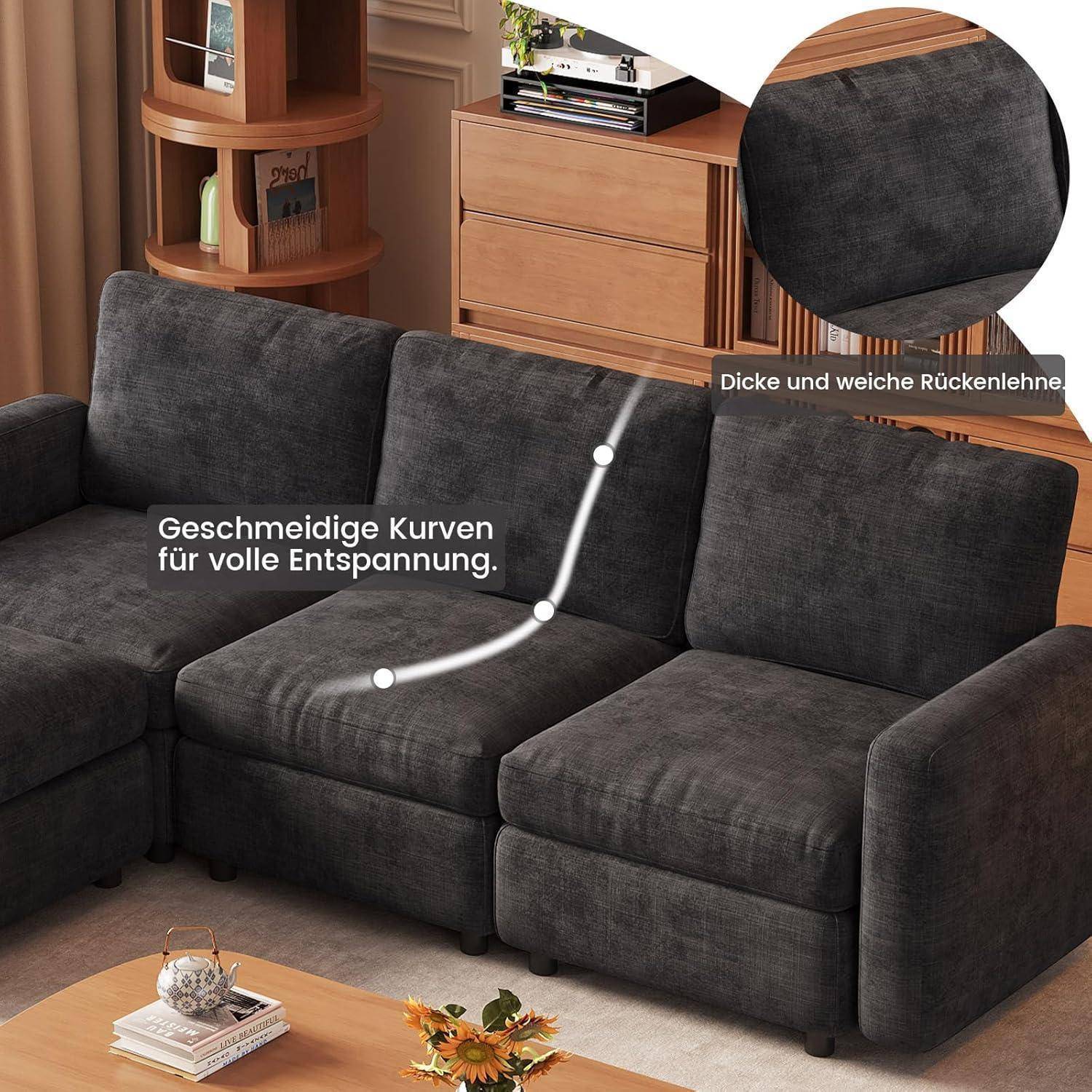 Dunkelgraues modulares Ecksofa mit geschwungener Komfortlinie und deutschen Beschriftungen, die die flauschigen Rückenkissen und vollständige Entspannung hervorheben.