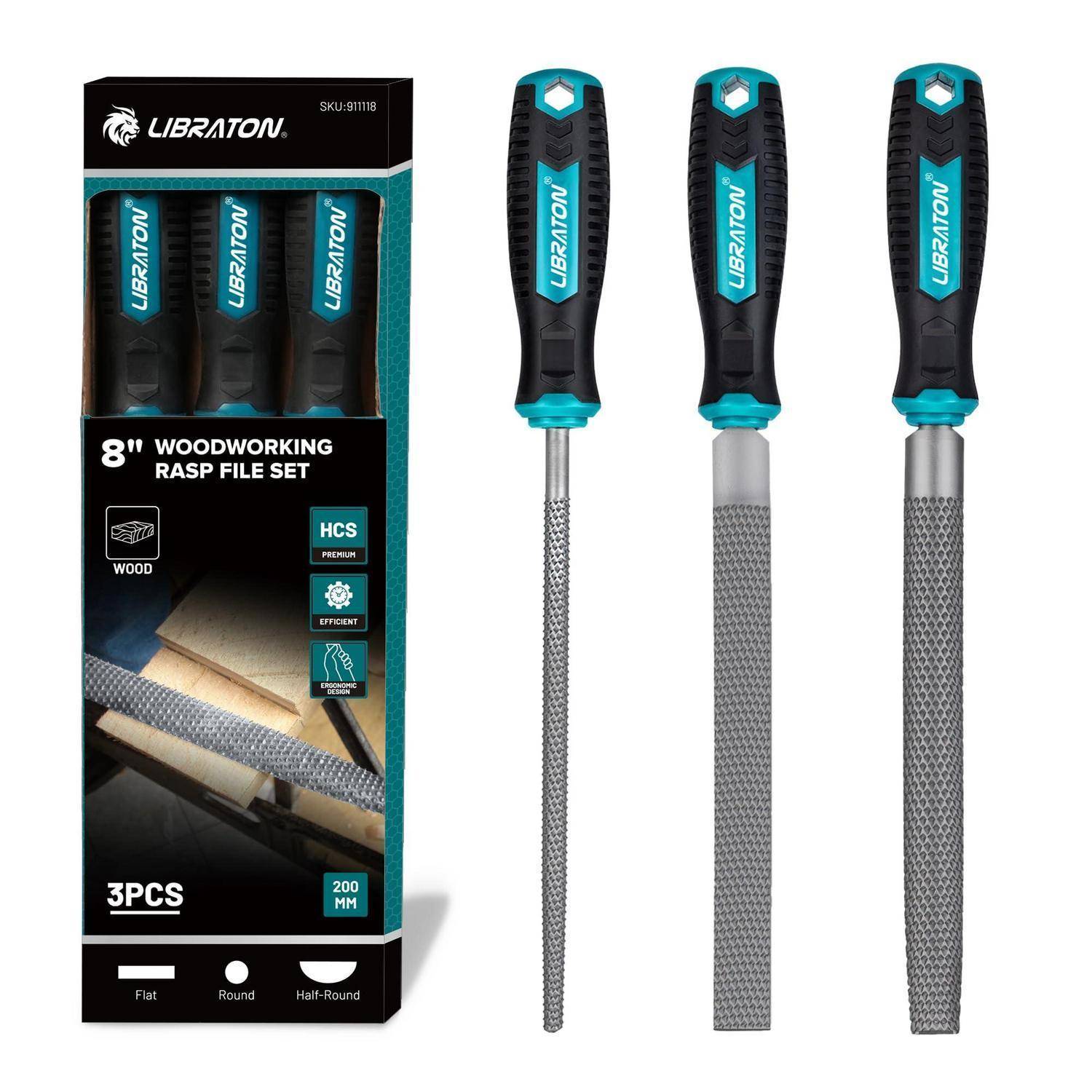 Paket mit drei LIBRATON 8-Zoll-Holzbearbeitungsraspeln, zeigt flache, runde und halbrunde Raspeln zum Holzformen.