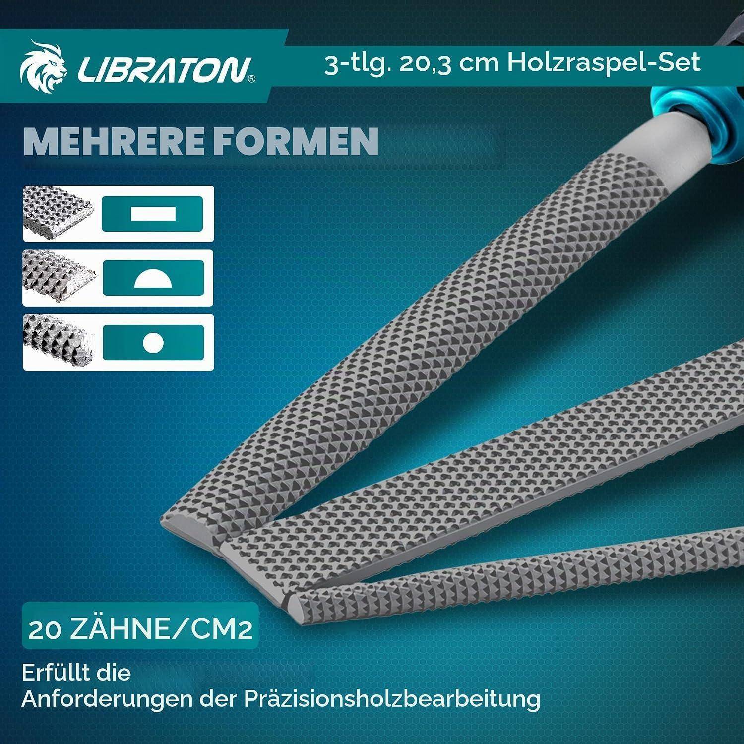 LIBRATON Holzraspel, 3tlg Holzfeile Feilenset, 200 mm Holzfeilen Set | Holzfeilen (Flachfeilen, Rundfeilen, Halbrundfeilen) aus