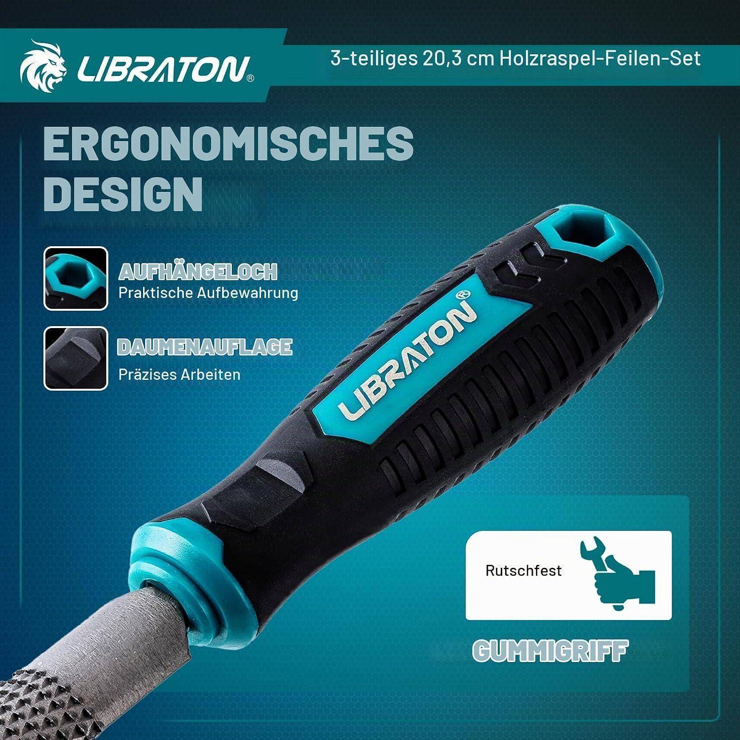 Produktangebot für ein LIBRATON 3er-Set Rattenschwanzfeilen 20,3 cm mit ergonomischem schwarz-türkisem Griff mit Aufhängeloch, Daumenstütze und rutschfestem Gummigriff.
