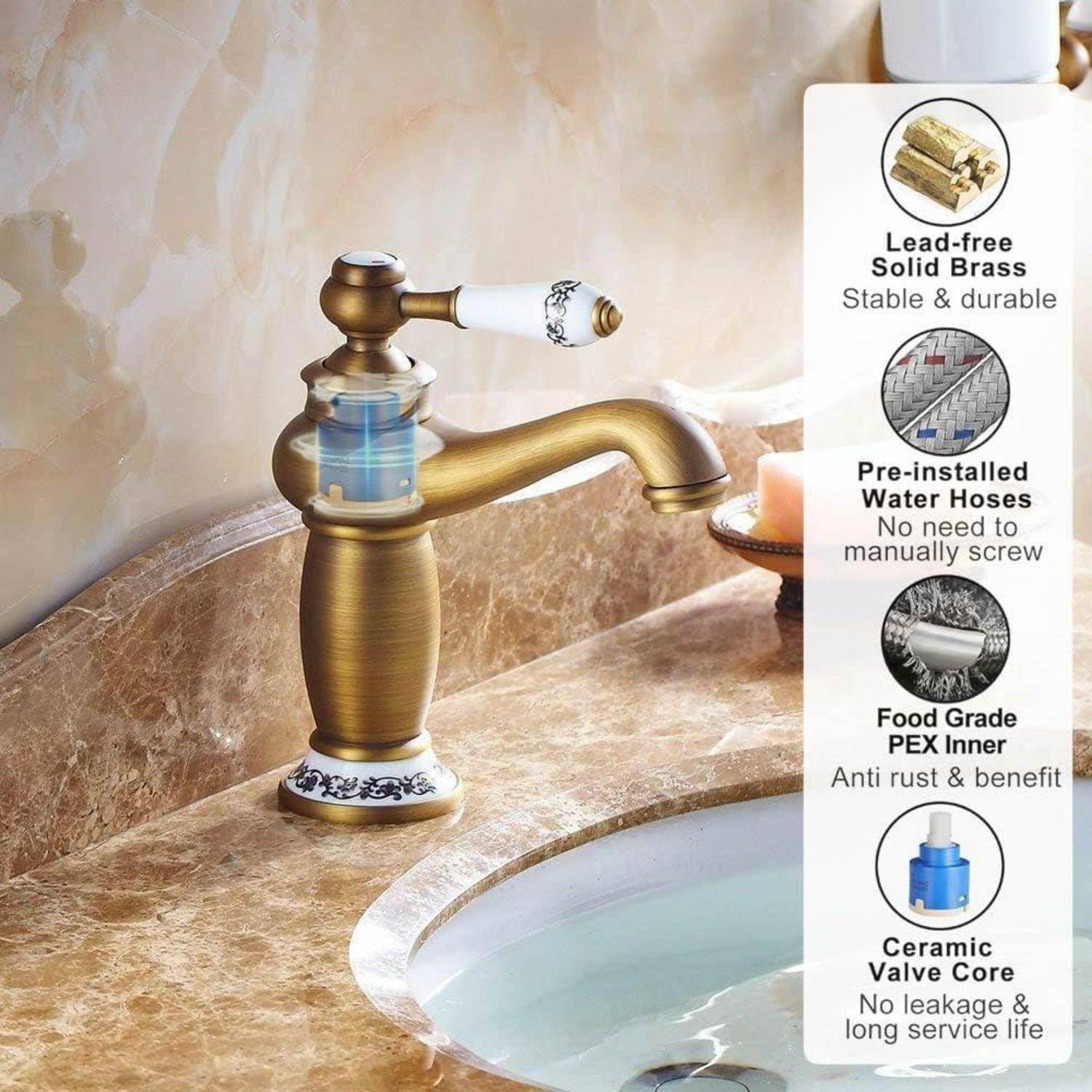 Messing-Badezimmerwasserhahn mit Porzellangriff und Basis, dargestellt mit Werbeaufrufen für bleifrei Messing, vorinstallierte Schläuche, Lebensmittel-Qualität PEX und Keramikventilkern.