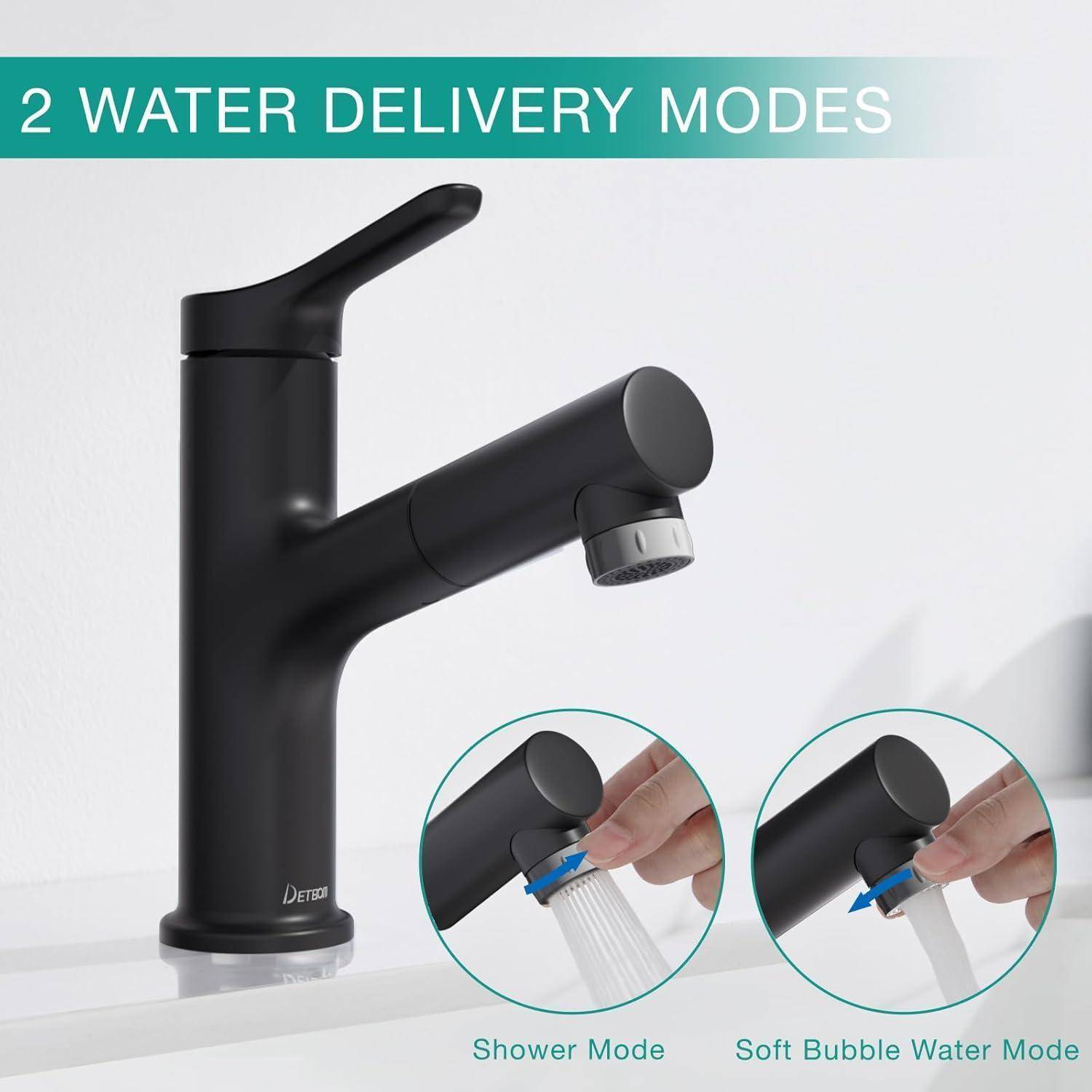 Schwarzer Küchenarmatur mit zwei Wassergabemodi, gekennzeichnet mit „Shower Mode