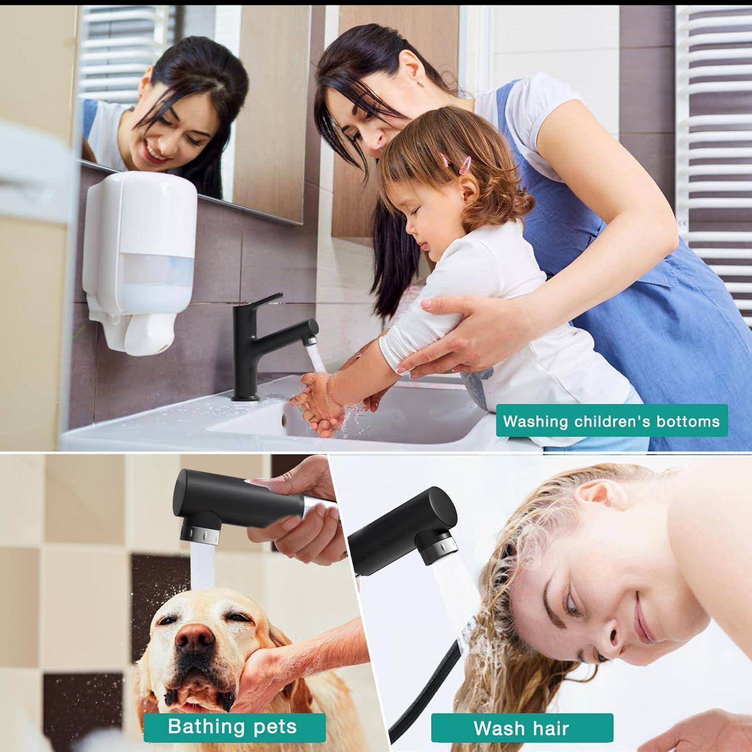 Drei-Panel-Hygieneinfografik mit Anwendungsfällen zum Händewaschen: Waschen des Pos eines Kindes, Baden eines Hundes und Haarwaschen.