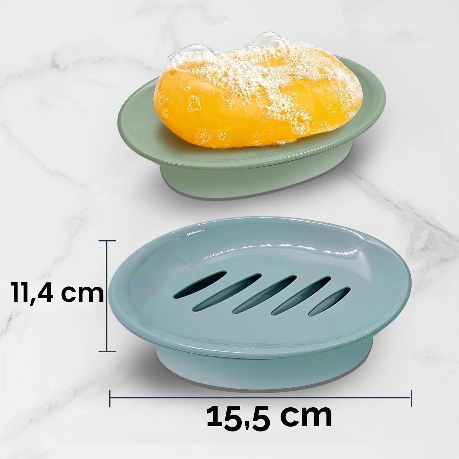 Rundes Seifenschälchen mit erhobener Drainageablage und Schlitzdeckel, gezeigt mit Seife; Abmessungen mit 15,5 cm Breite und 11,4 cm Höhe gekennzeichnet.