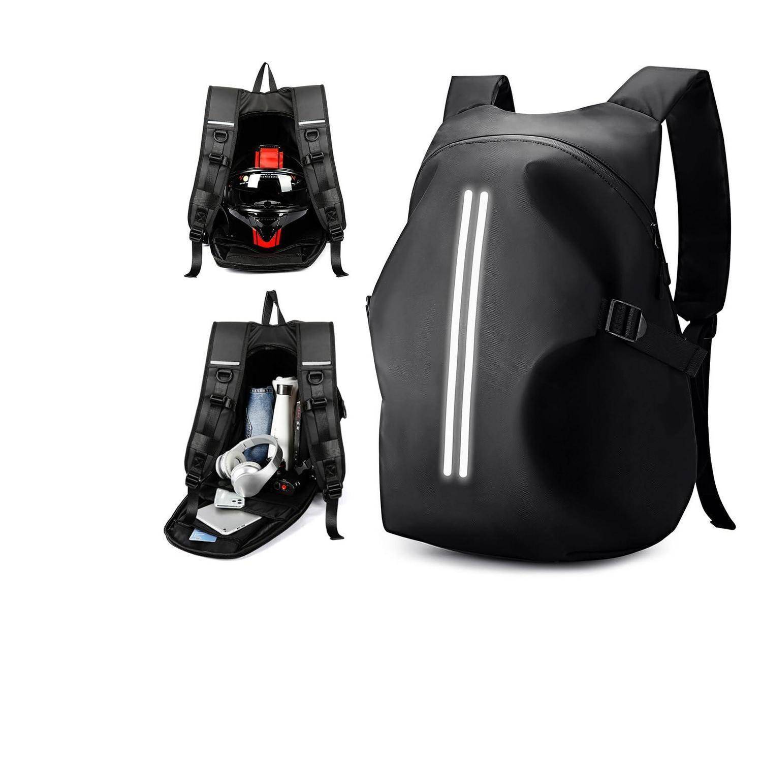 Schwarzer Rucksack mit reflektierenden vorderen Streifen; Seitenansichten zeigen organisierte Innenfächer, die einen Helm und andere Gegenstände enthalten.