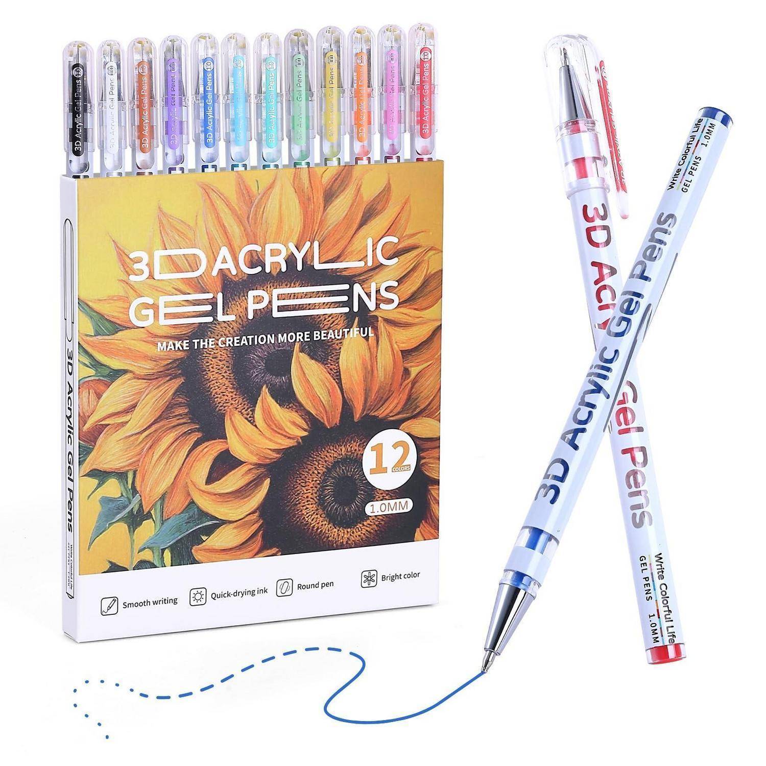 Kartonset mit 12 3D-Acrylgel-Stiften mit Sonnenblumen-Verpackung, plus zwei Stifte, die beim Schreiben einer erhabenen blauen Linie gezeigt werden.