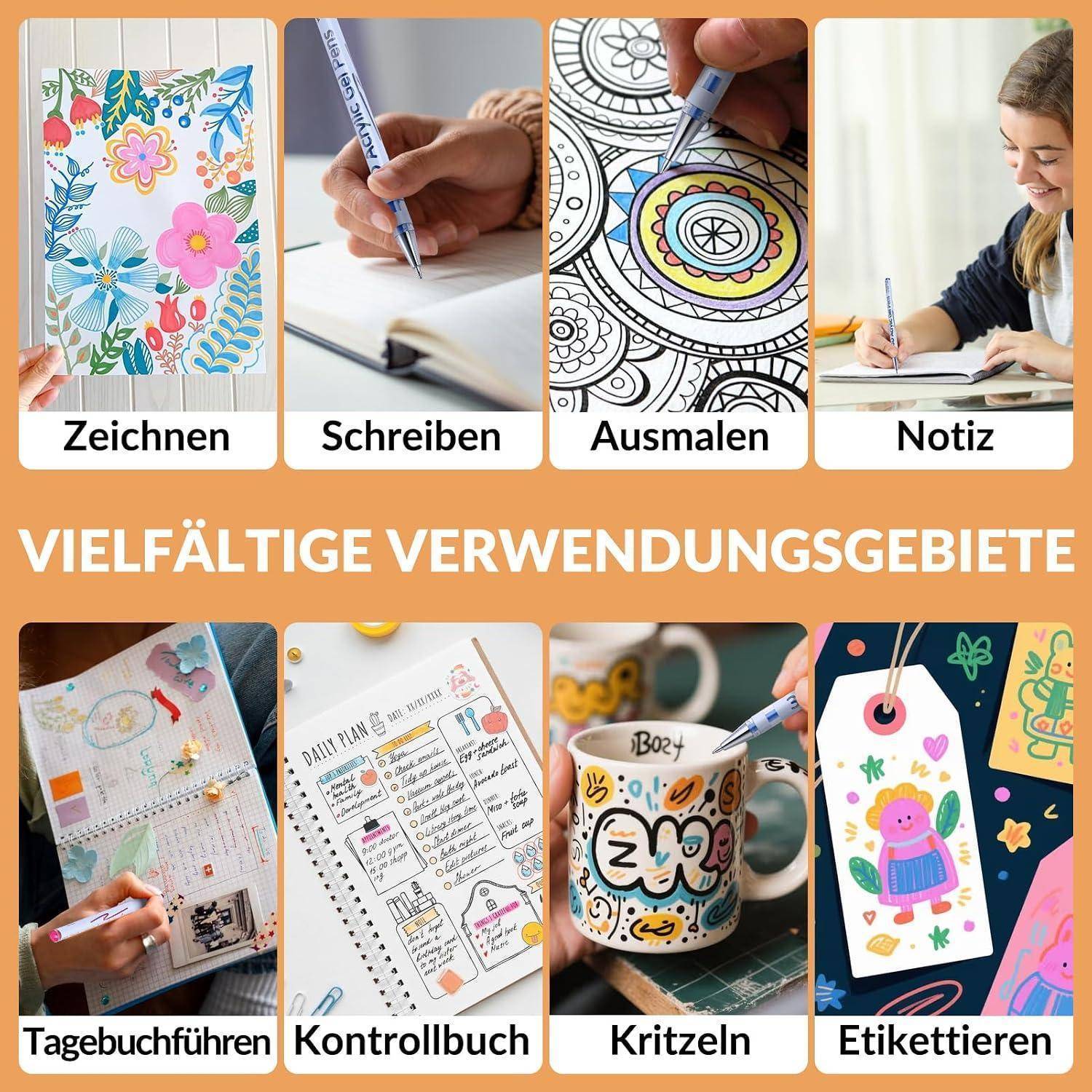 Infografik, die Markerstift-Verwendungen zeigt: Zeichnen, Schreiben, Ausmalen, Notizen machen, Journaling, Planer-Verwaltung, Kritzeln und Beschriftung.