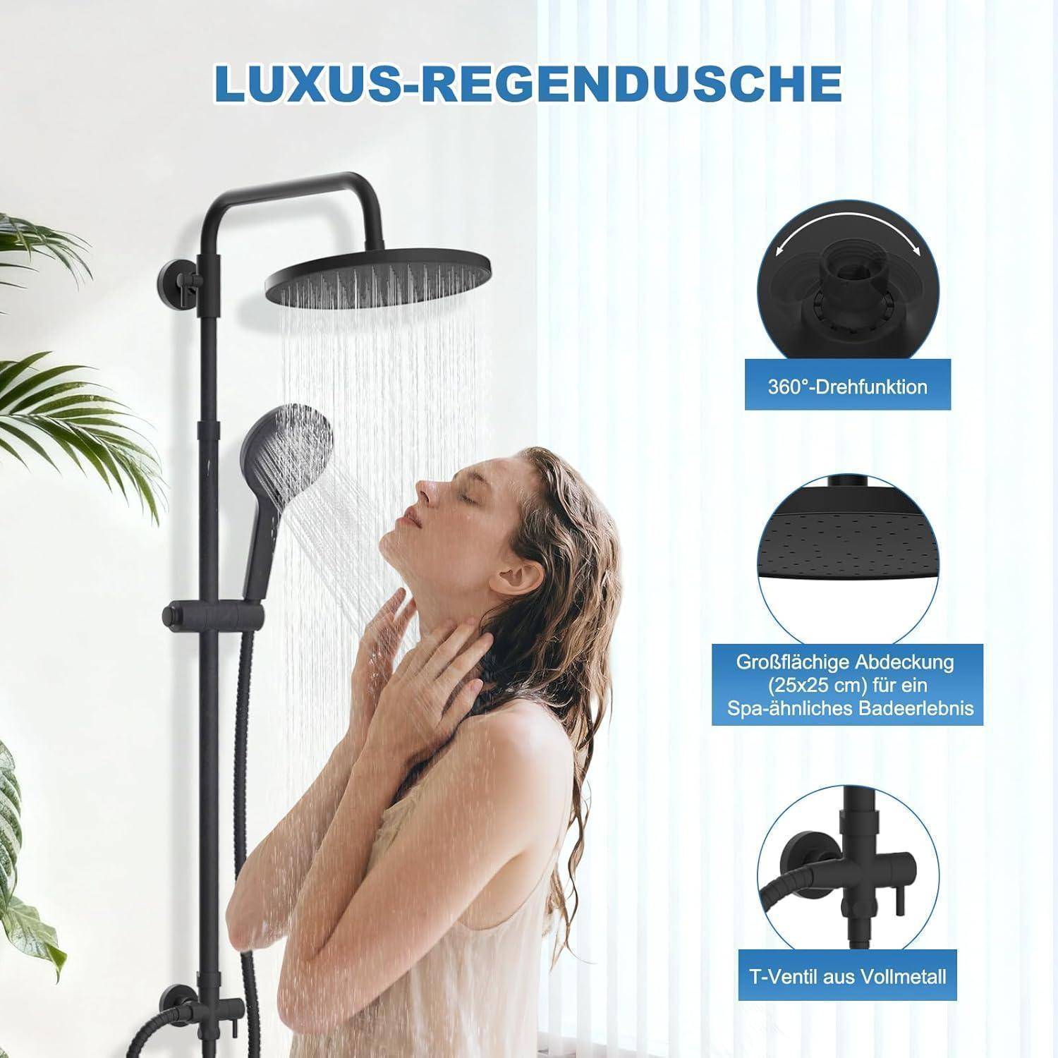Hibbent Duschsystem mit Selbstreinigung, Runder Brause, Edelstahlschlauch, Duschkopf & Handbrause，Mattschwarz 25cm-rund Mattschwarz