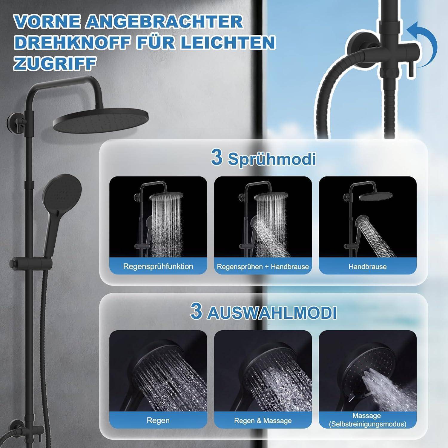 Hibbent Duschsystem mit Selbstreinigung, Runder Brause, Edelstahlschlauch, Duschkopf & Handbrause，Mattschwarz 25cm-rund Mattschwarz