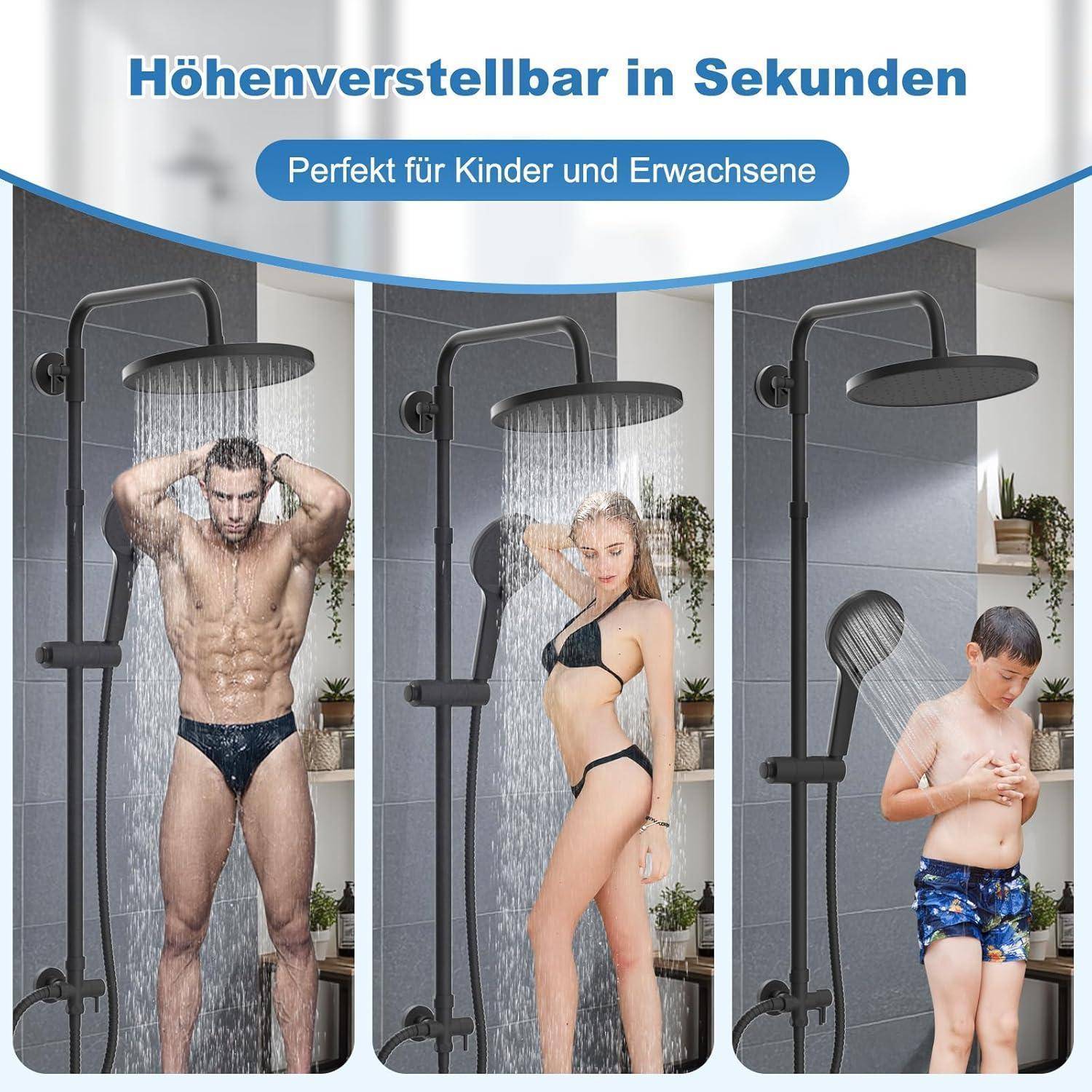 Hibbent Duschsystem mit Selbstreinigung, Runder Brause, Edelstahlschlauch, Duschkopf & Handbrause，Mattschwarz 25cm-rund Mattschwarz