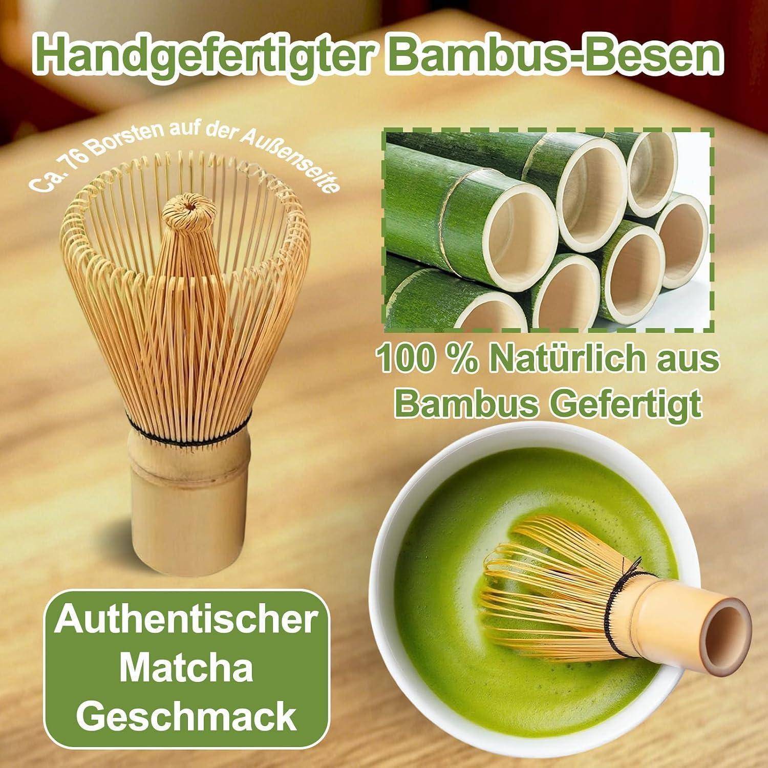 Werbebild eines handgefertigten Bambus-Matcha-Besens mit 76 äußeren Borsten, Nahaufnahme des Bambusmaterials und Besen in einer Schale mit Matcha; der Text hebt „Authentischer Matcha Geschmack" und „100 % Natürlich aus Bambus Gefertigt"" hervor.