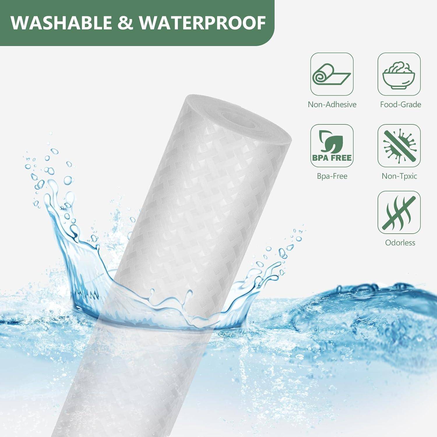 Produktbild zeigt eine durchscheinende Rolle im spritzenden Wasser mit dem Text "WASCHBAR & WASSERDICHT"" und Symbolen für nicht-klebend, lebensmittelecht, BPA-frei, ungiftig und geruchlos.