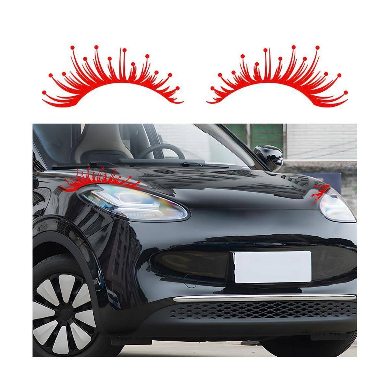 Rote dekorative Wimpern-Stil-Autokopflampen-Aufkleber, die oben gezeigt und auf die Scheinwerfer eines schwarzen Autos angebracht sind.