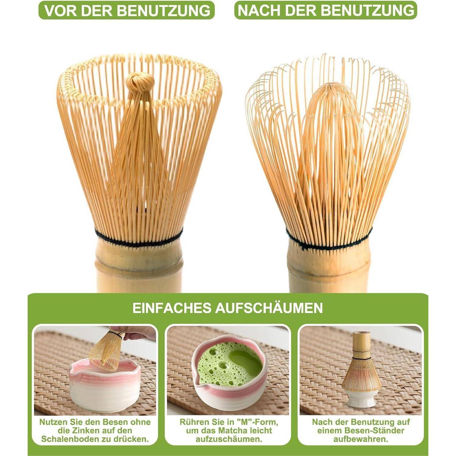 Illustration einer Bamboo-Matcha-Peitsche vor und nach Gebrauch, die aufgefächerte Borsten zeigt und drei Schritte: die Matcha in einer „M