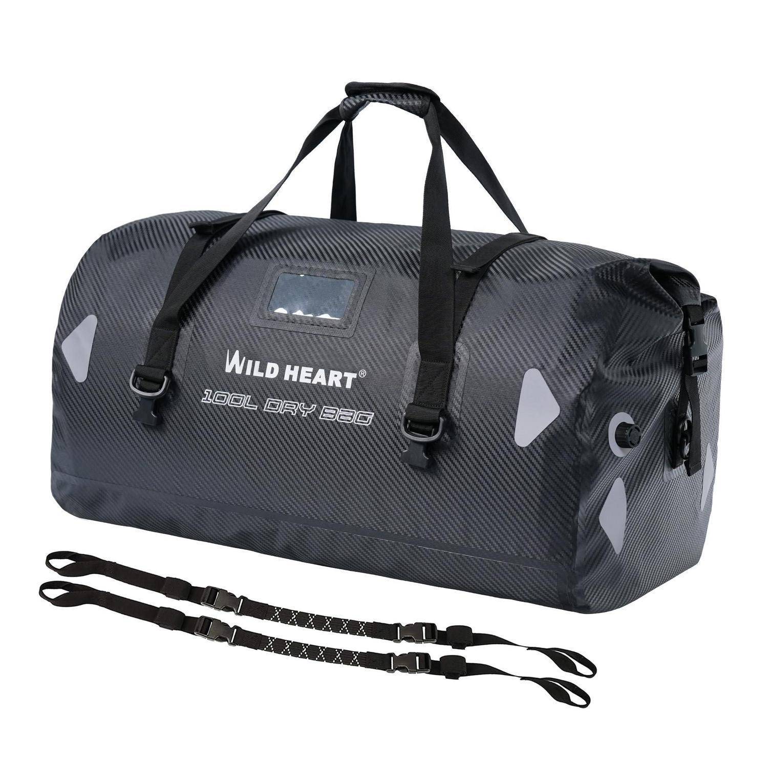 Black Wild Heart 100L Reisetasche mit Schultergurt, Tragegriffen und reflektierenden Akzenten auf weißem Hintergrund.