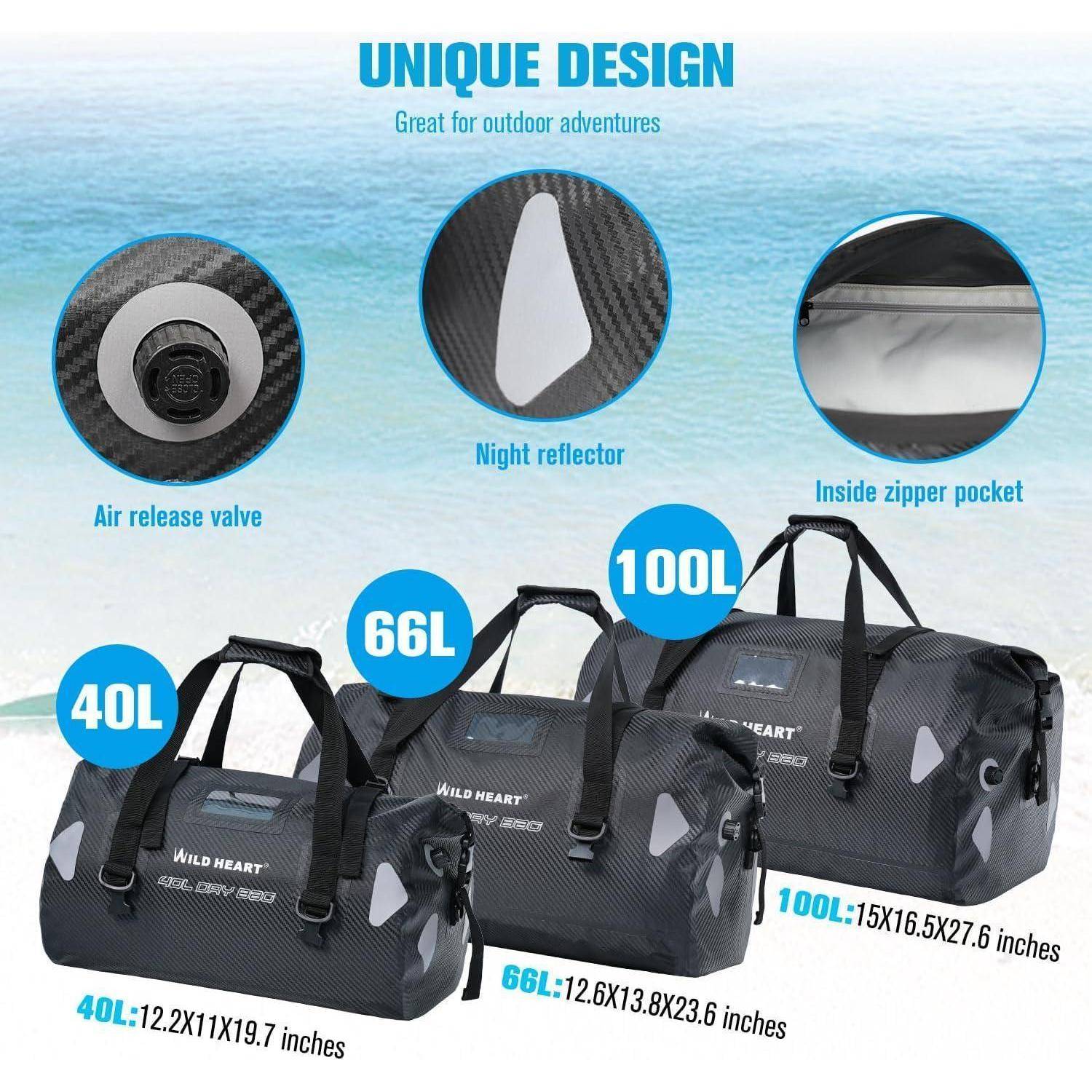 WILD HEART wasserdichte Reisetasche, 40 l 66 l, 100 l, mit verschweißten Nähten, Schultergurten, Netztasche für Kajakfahren, Camping, Bootfahren,