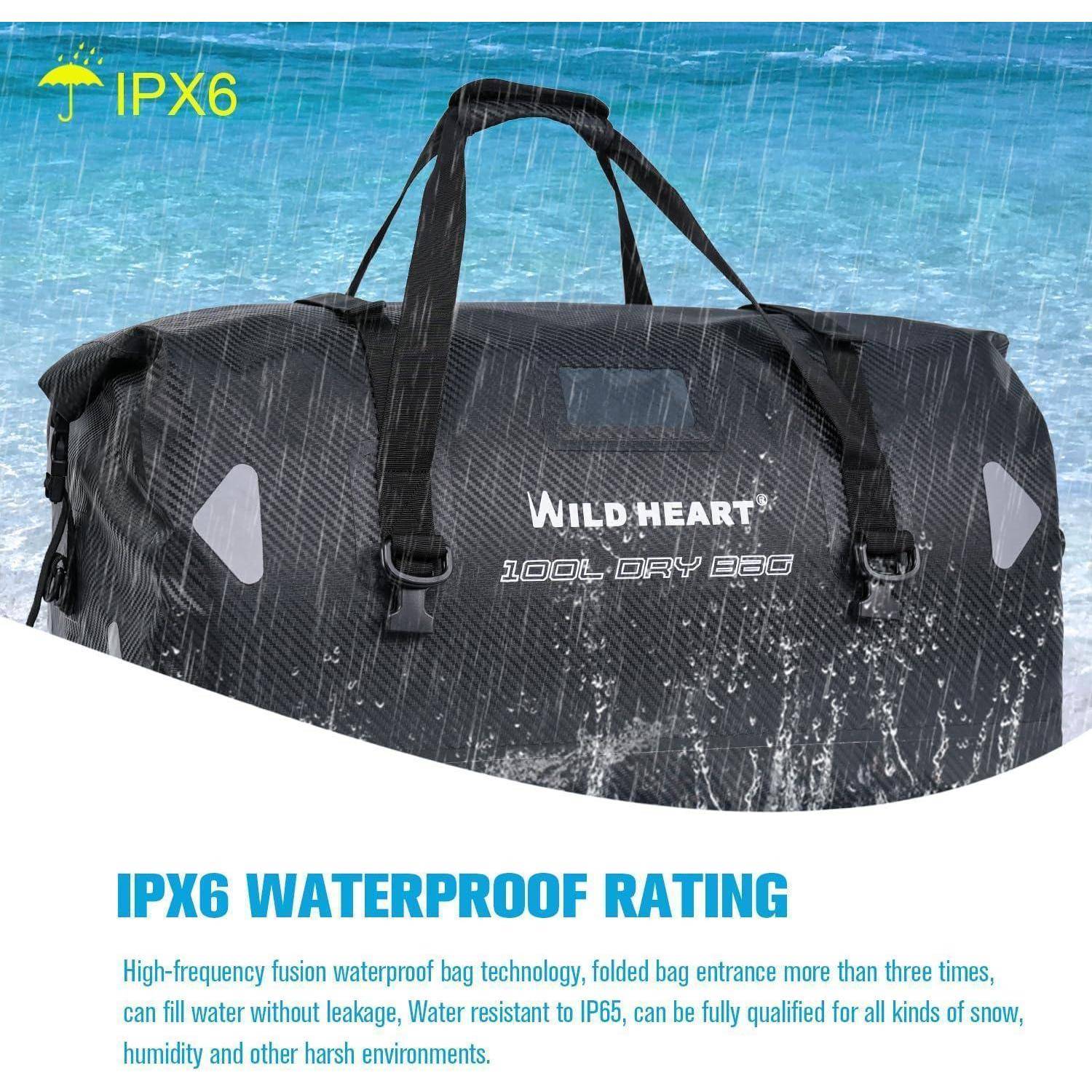WILD HEART wasserdichte Reisetasche, 40 l 66 l, 100 l, mit verschweißten Nähten, Schultergurten, Netztasche für Kajakfahren, Camping, Bootfahren,