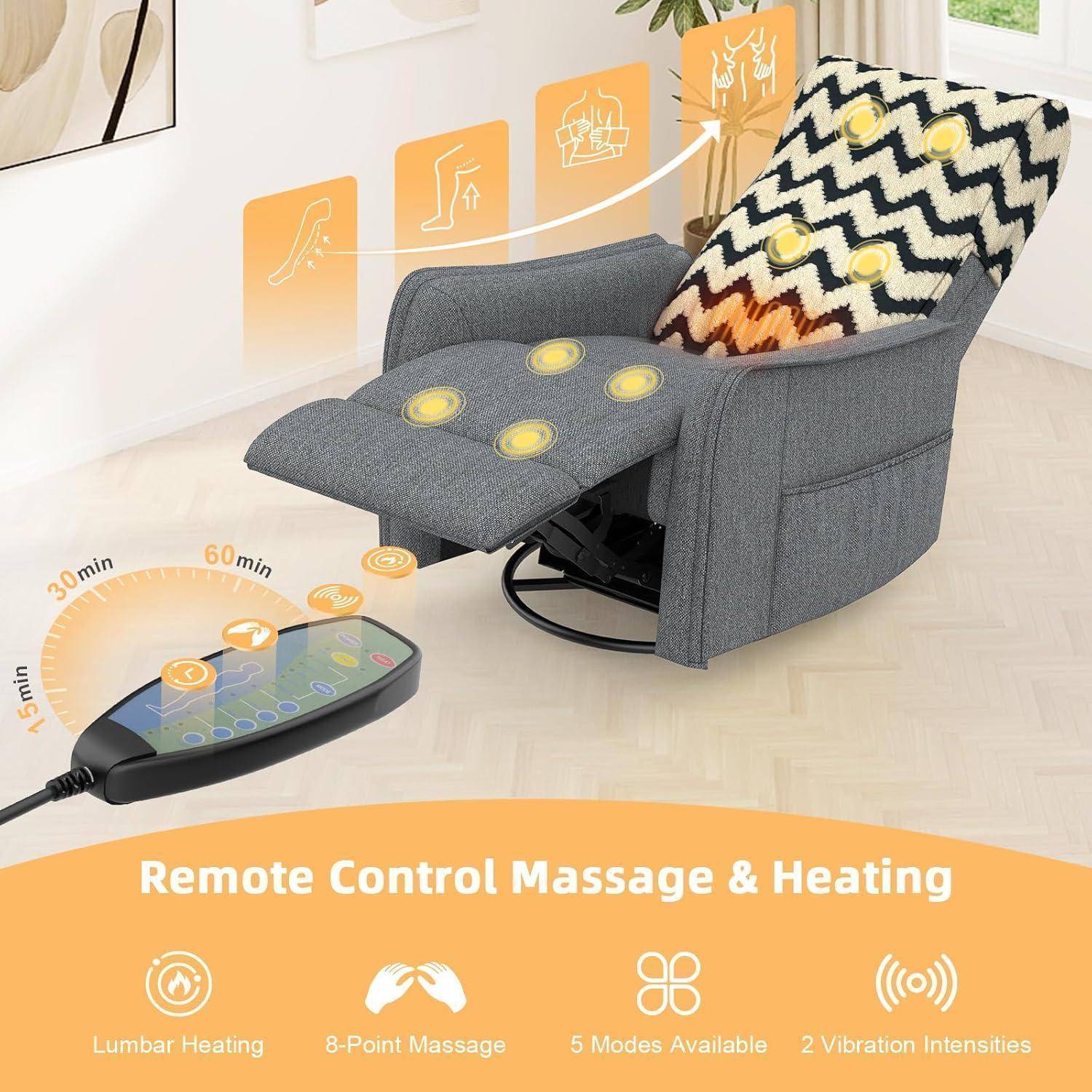 Werbebild eines grauen Relaxmassagesessels mit beheizter Lendenwirbelsäulen- und Sitzmassage, Fernbedienung und Text auf dem Bild: „Ferngesteuerte Massage & Wärmefunktion
