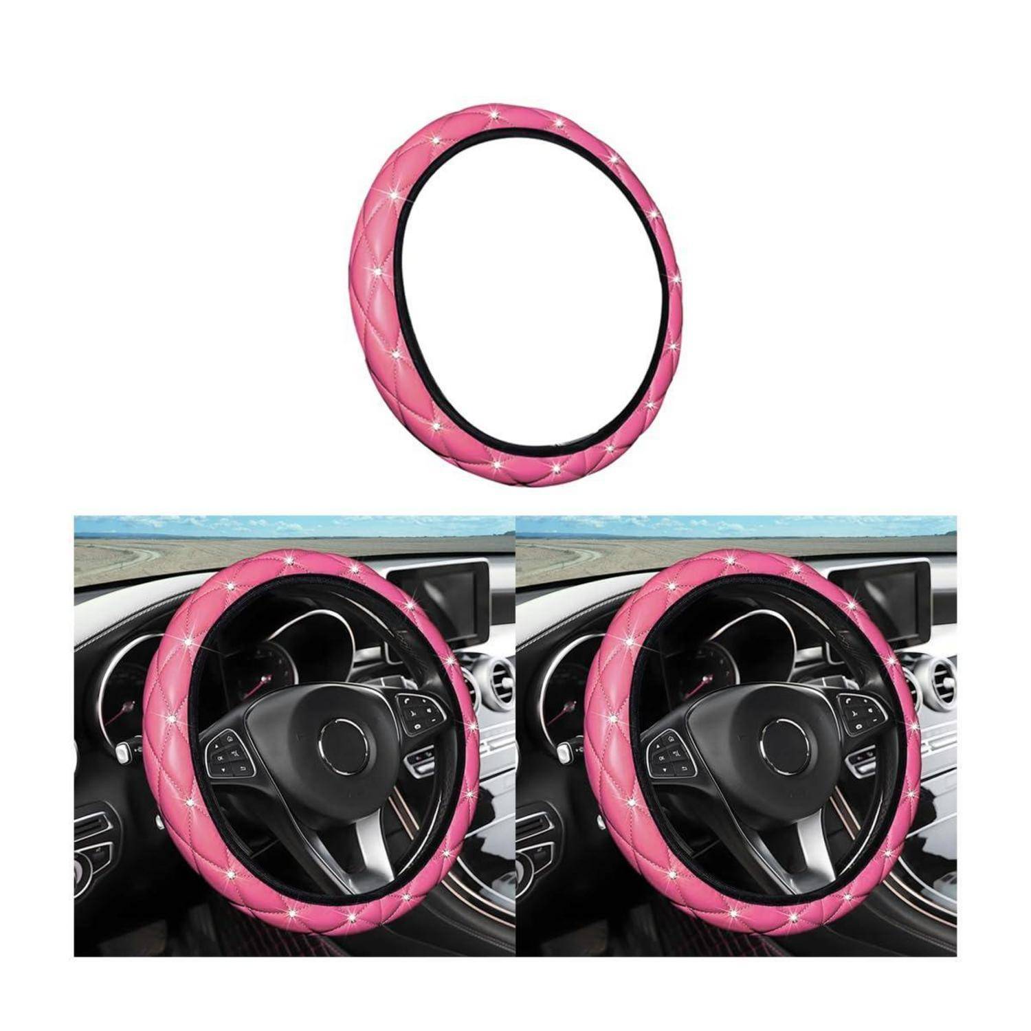 Rosa gesteppte Lenkradabdeckung, die auf einem Auto-Lenkrad gezeigt wird, mit einer eigenständigen Ansicht oben und installierten Beispielen darunter.