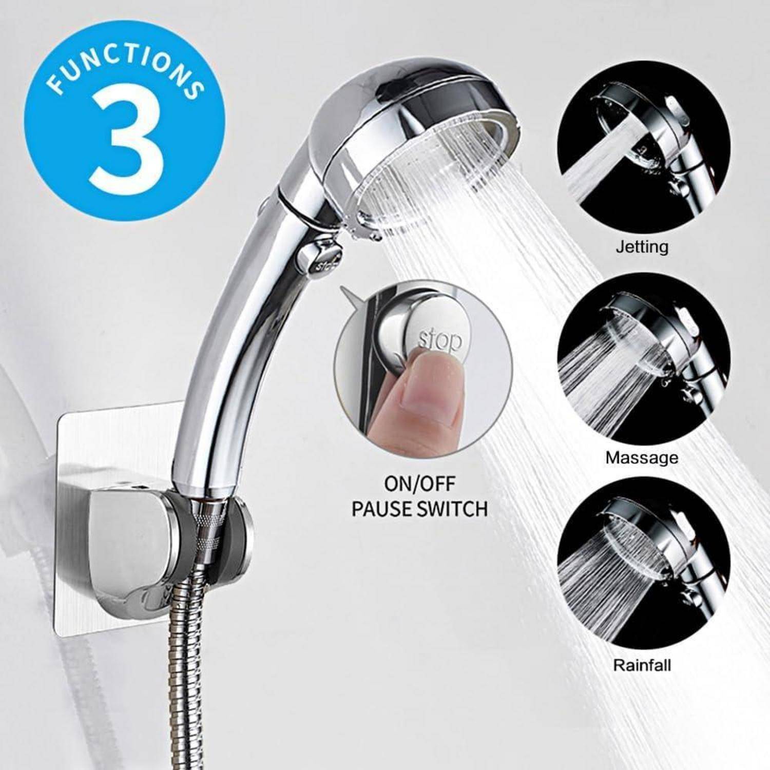 Tragbare Duschköpfe mit 3 Funktionen: Strahl-, Massage- und Regenfallmodus, plus Ein-/Aus-Pausenschalter.