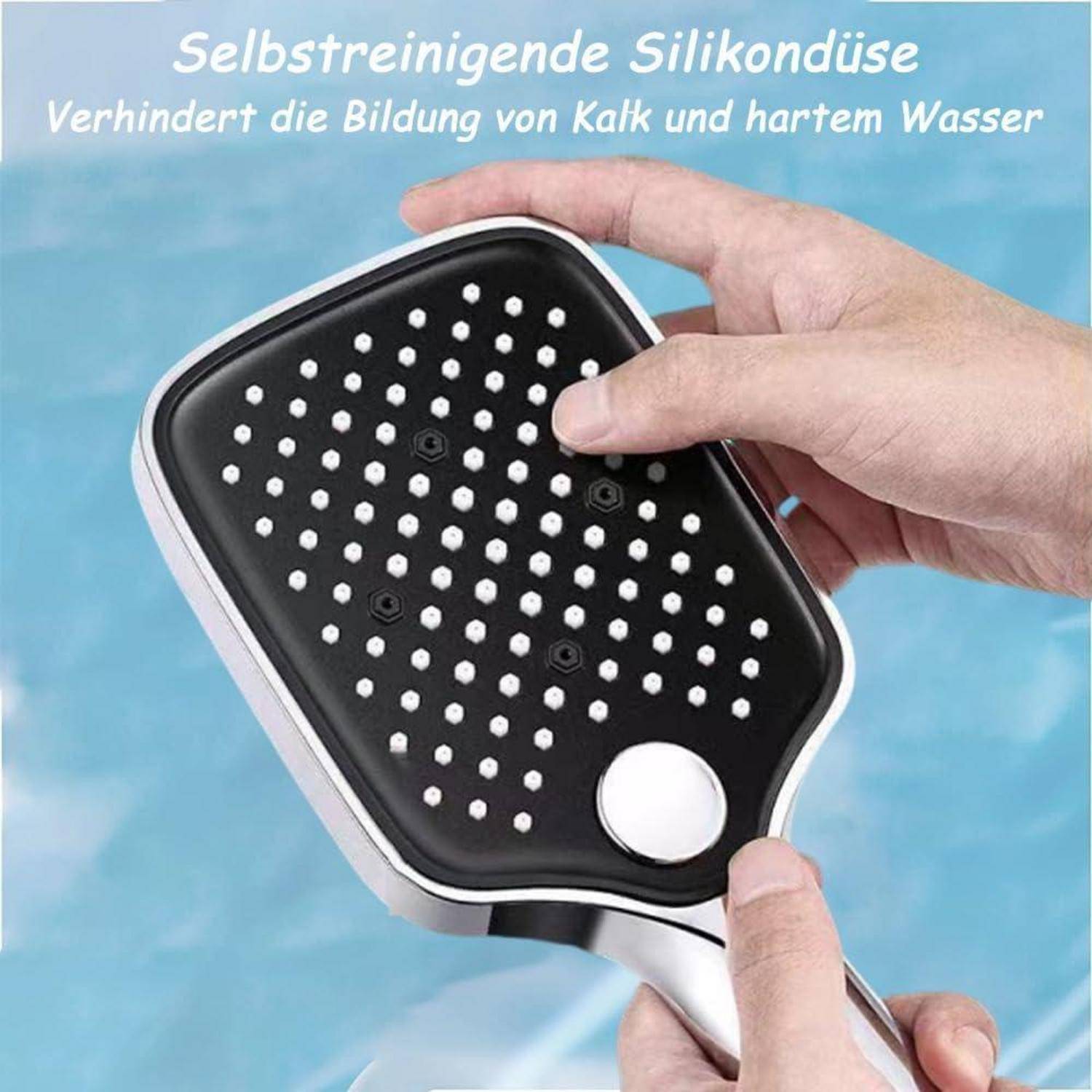 Hand hält einen schwarzen Silikon-Duschkopf mit weißen Düsen; deutscher Text sagt „selbstreinigender Silikon-Duschkopf
