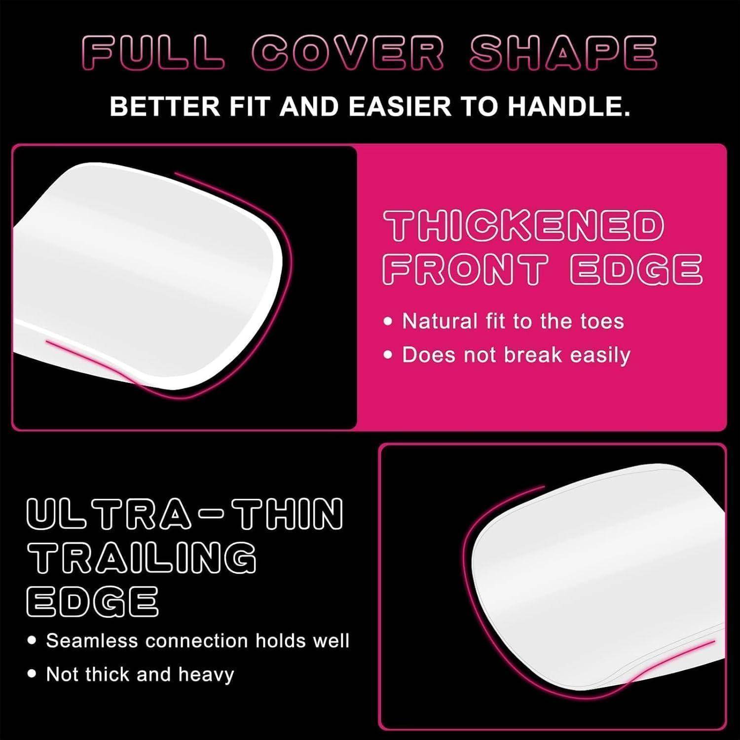 Werbegrafik für eine Schuheinlegesohle in voller Abdeckung, die eine verdickte Vorderkante für optimale Zehenpassform und eine ultra-dünne Hinterkante für nahtlose, leichte Tragekomfort hervorhebt.