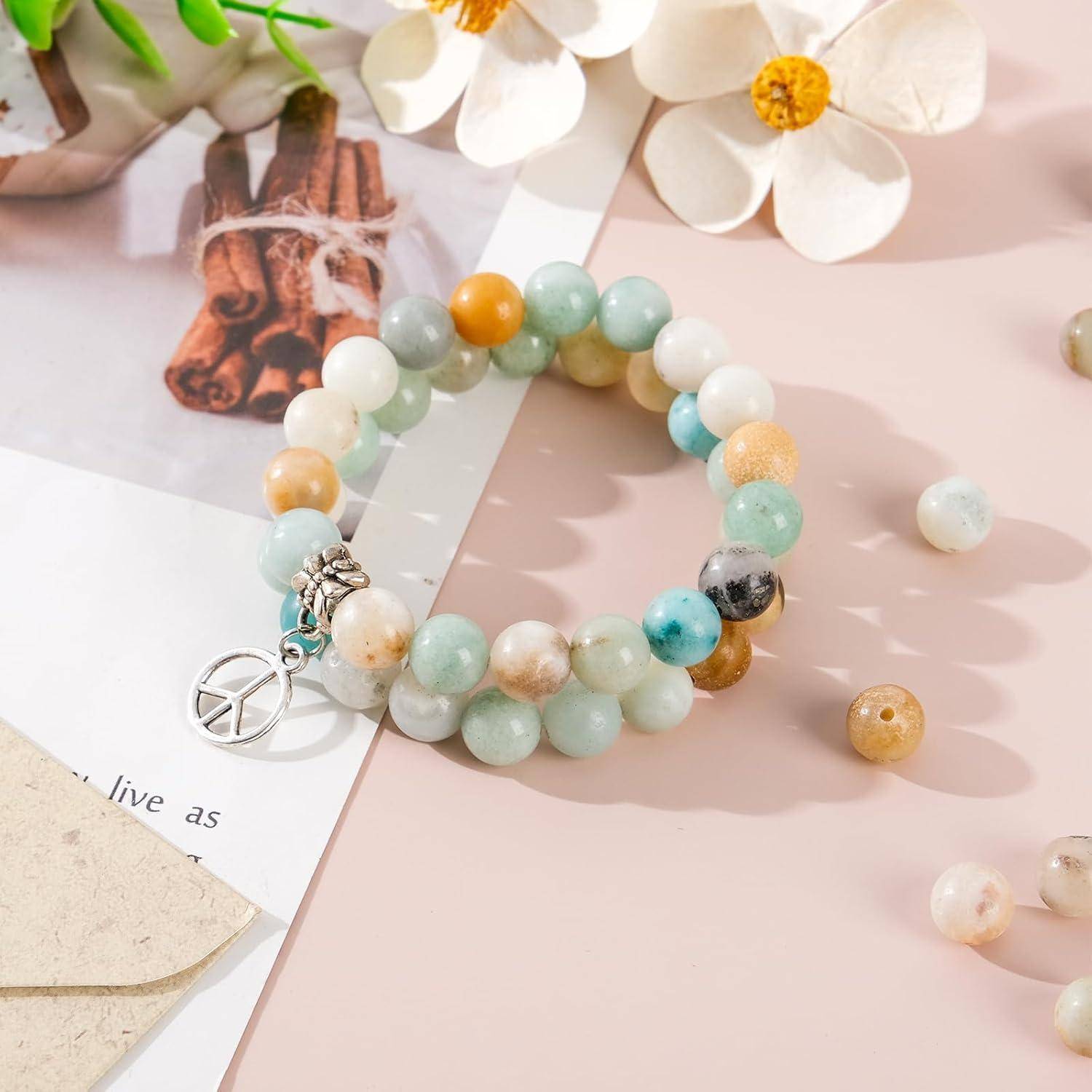 EUES 90 Stück 8mm Runde Natürliche Amazonit Perlen, Edelstein Perlen Naturstein Perlen, Edelsteine zum Auffädeln für DIY Armband Halskette Schmuck