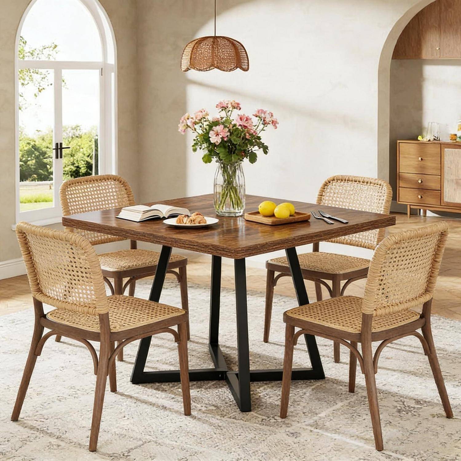 Modernes Esszimmer mit einem quadratischen Holztisch, vier Korbstühlen, einer Blumenvase und Tischdekorationen in einem hellen gewölbten Raum