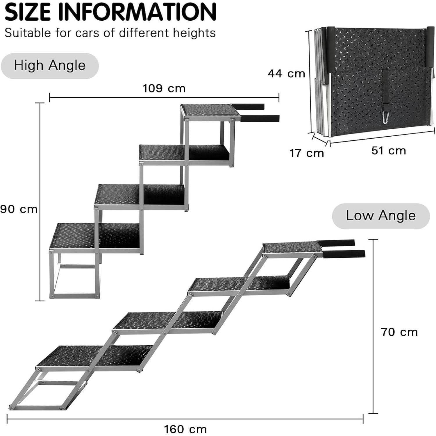 Fahrrampengröße-Diagramm mit Konfigurationen für steile und flache Winkel, mit den Abmessungen 109 cm x 90 cm und 160 cm x 70 cm sowie Größe im zusammengeklappten Zustand 51 cm x 44 cm x 17 cm.