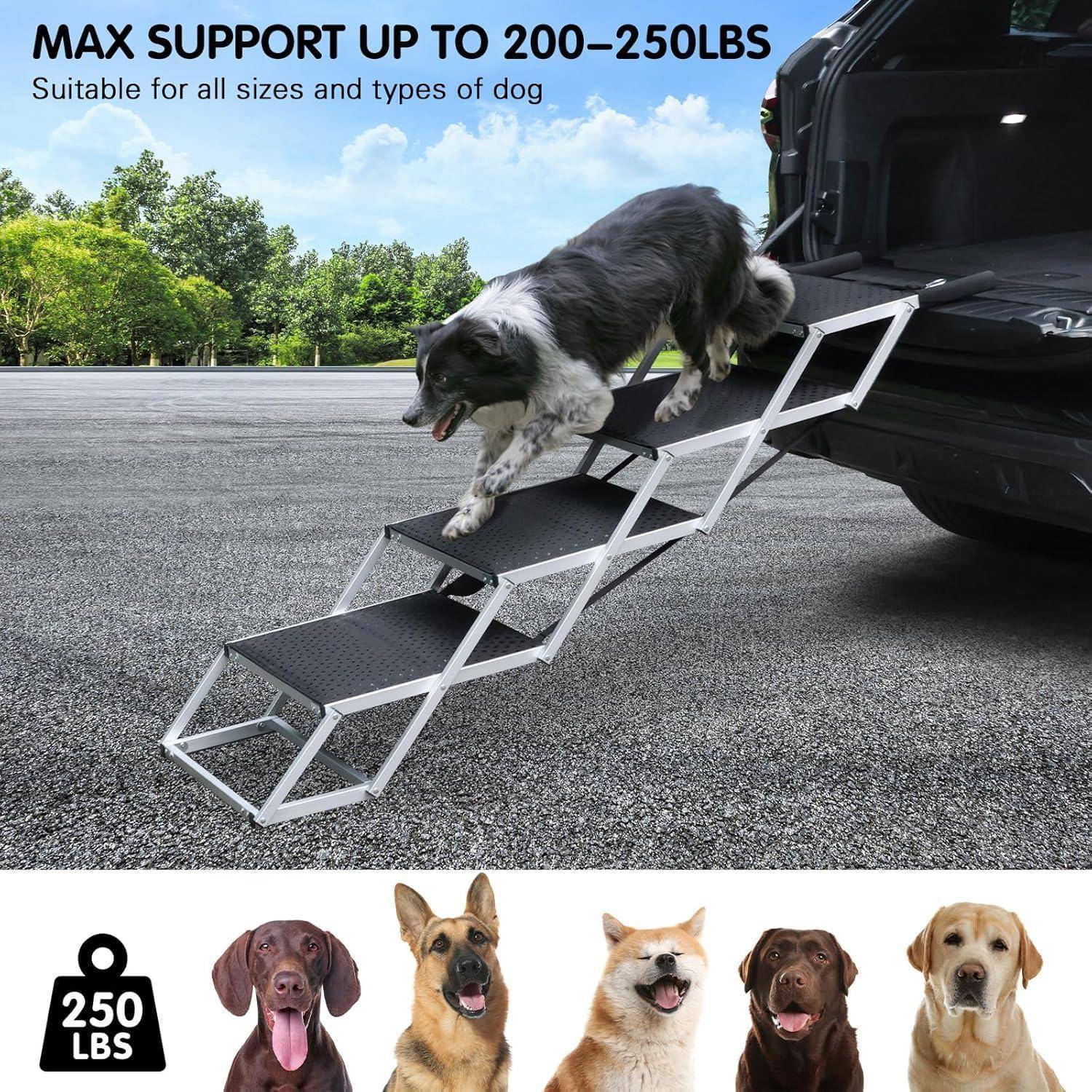 Hund, der eine faltbare Rampe nutzt, um ein Fahrzeug zu verlassen; Text besagt „MAX UNTERSTÜTZUNG BIS ZU 200-250 LBS