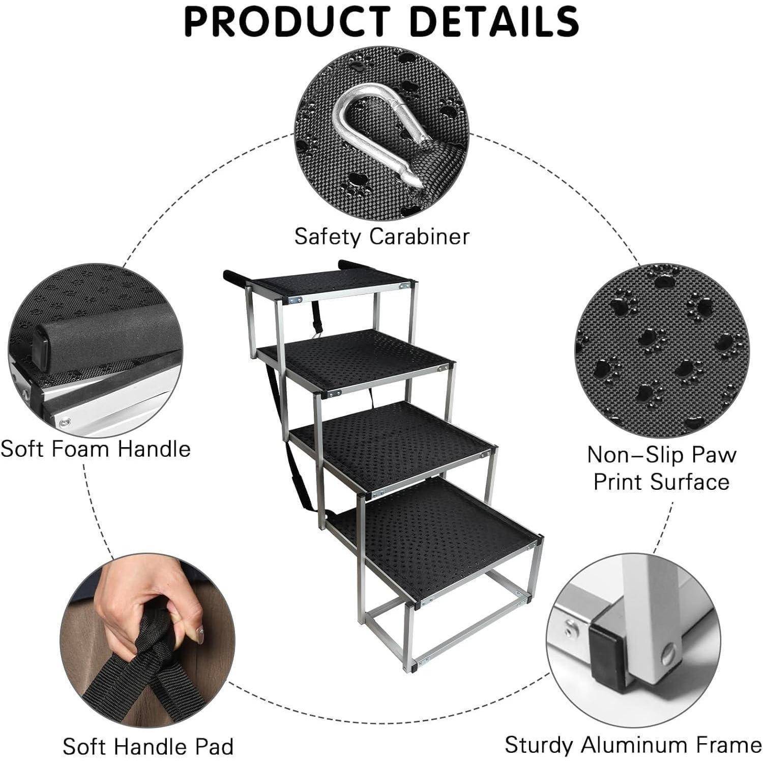Produktdetails-Diagramm einer vierstufigen Haustiertreppen mit Sicherheitskarabiner, rutschfester Pfotendruck-Oberfläche, weichem Schaumstoffgriff, weichem Griffpolster und robustem Aluminium-Rahmen.