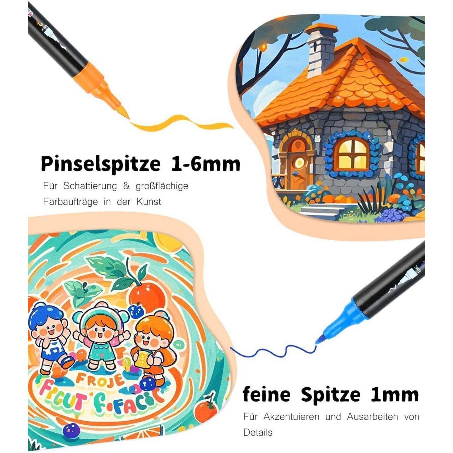 Werbegrafikzeigt zwei Marker-Spitzen: 'Pinselspitze 1-6mm' zum Schattieren und großflächigen Färben, und 'feine Spitze 1mm' für Details mit Beispielkunstwerk.