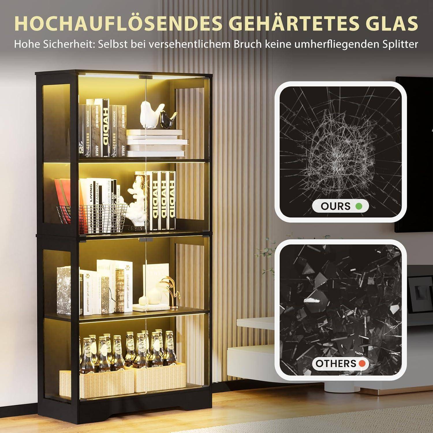 Glasvitrine Standvitrine mit Led,Glasvitrine Stehend mit 4 GlastüRen und Intelligenten Sensoren,Vitrinenschrank,Staubdichte glas vitrinenschrank FüR