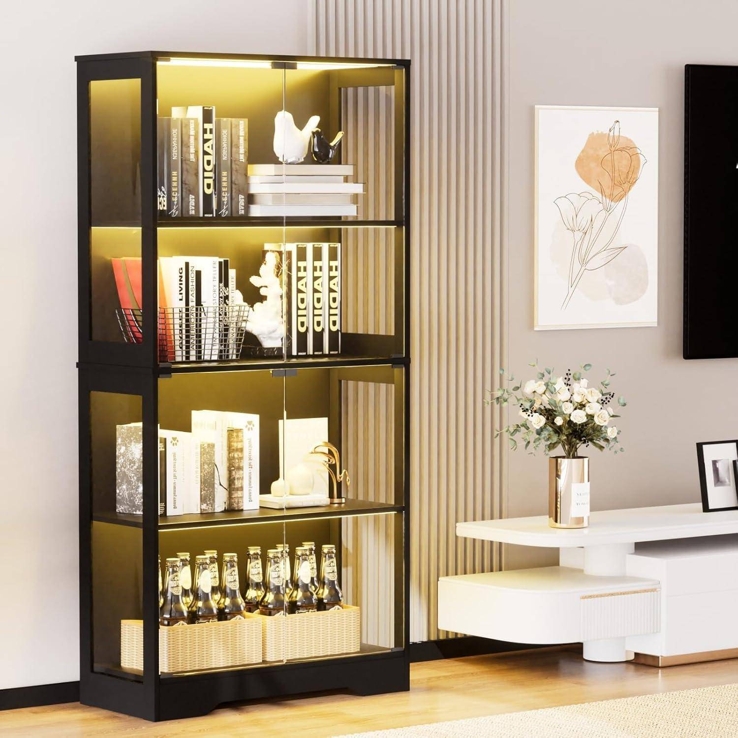 Glasvitrine Standvitrine mit Led,Glasvitrine Stehend mit 4 GlastüRen und Intelligenten Sensoren,Vitrinenschrank,Staubdichte glas vitrinenschrank FüR