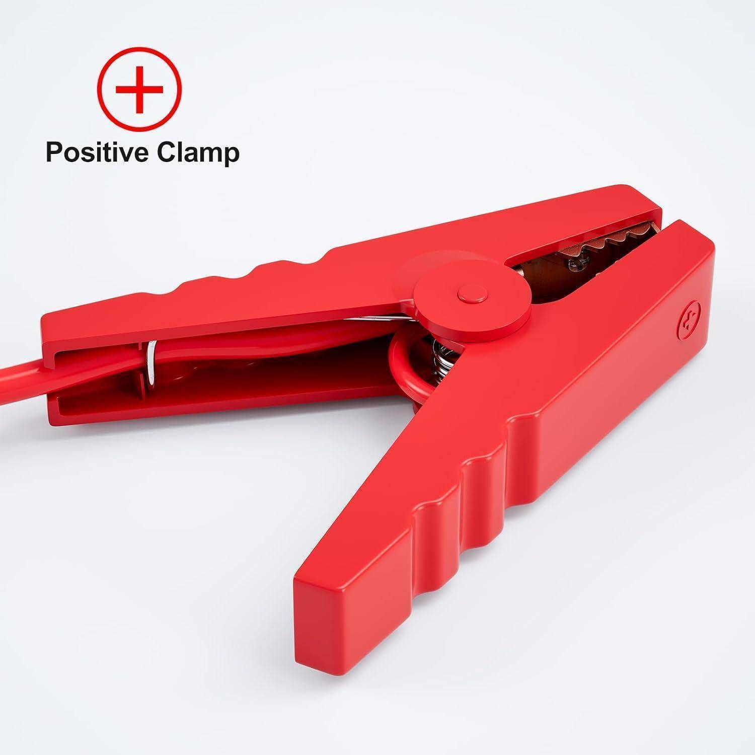 Rote positive Batterieklemme mit Plussymbol und der Beschriftung „Positive Clamp