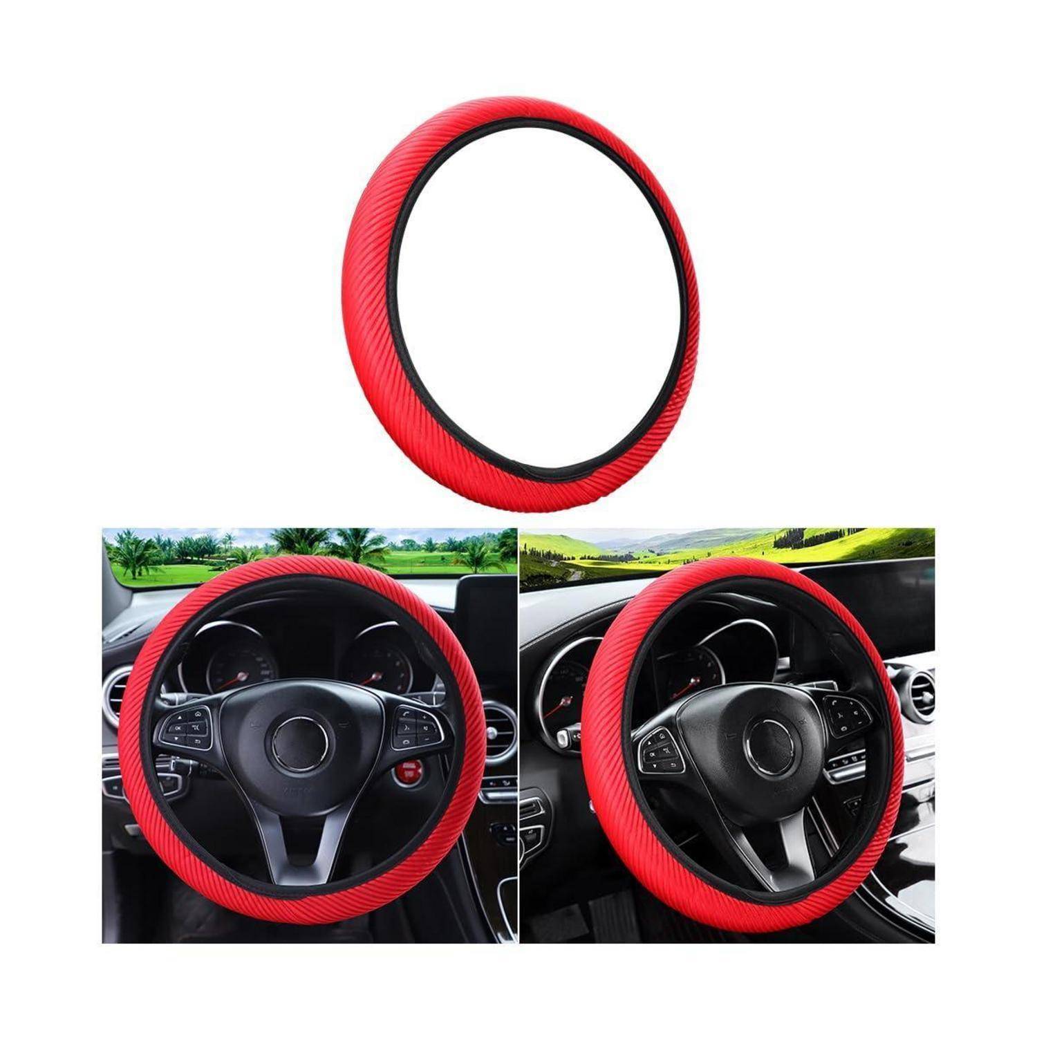 Roter Kohlefaser-Lenkradüberzug, gezeigt auf einem Lenkrad und als eigenständiger Ring, mit zwei Einbaubeispielen im Auto darunter.