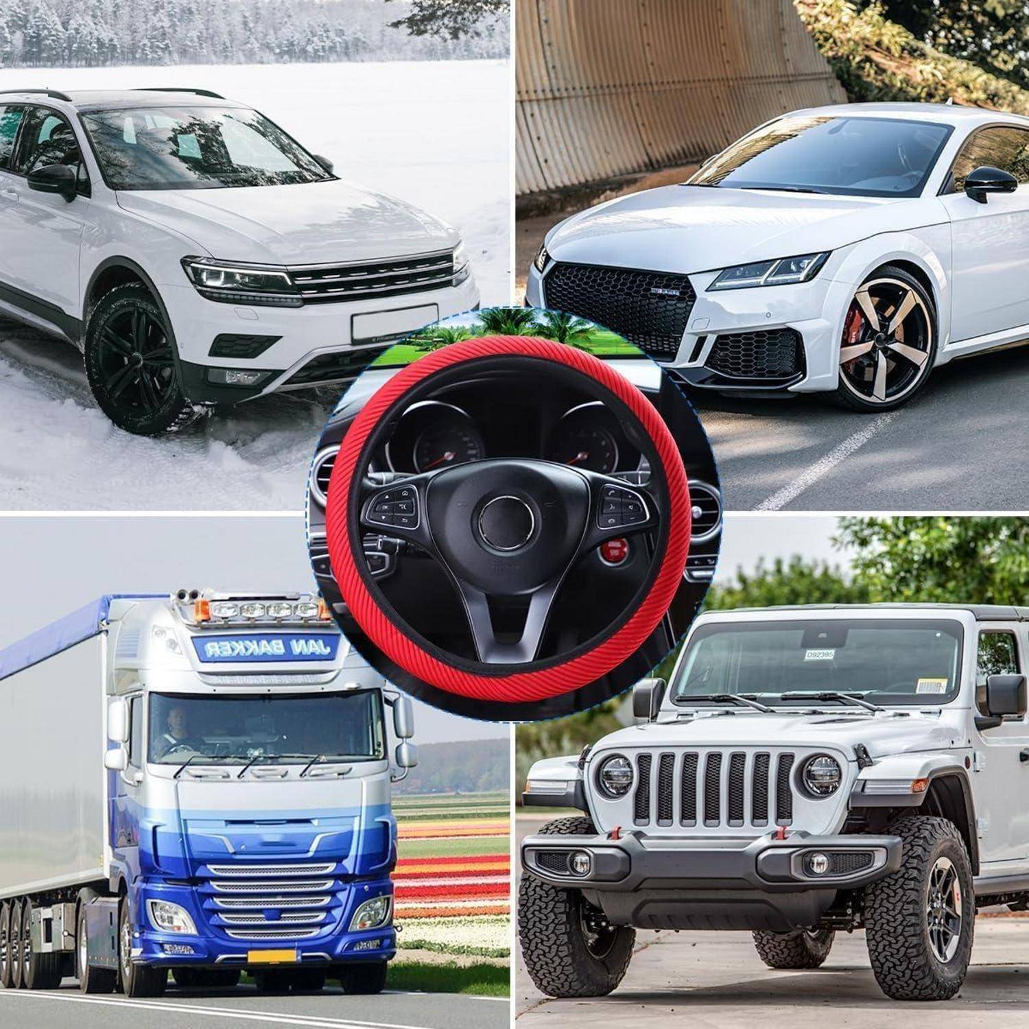 Collage aus vier Fahrzeugen – ein weißes SUV, ein weißer Sportwagen, ein blauer Sattelzug und ein weißer Jeep – um ein rotes Lenkrad in der Mitte herum angeordnet.