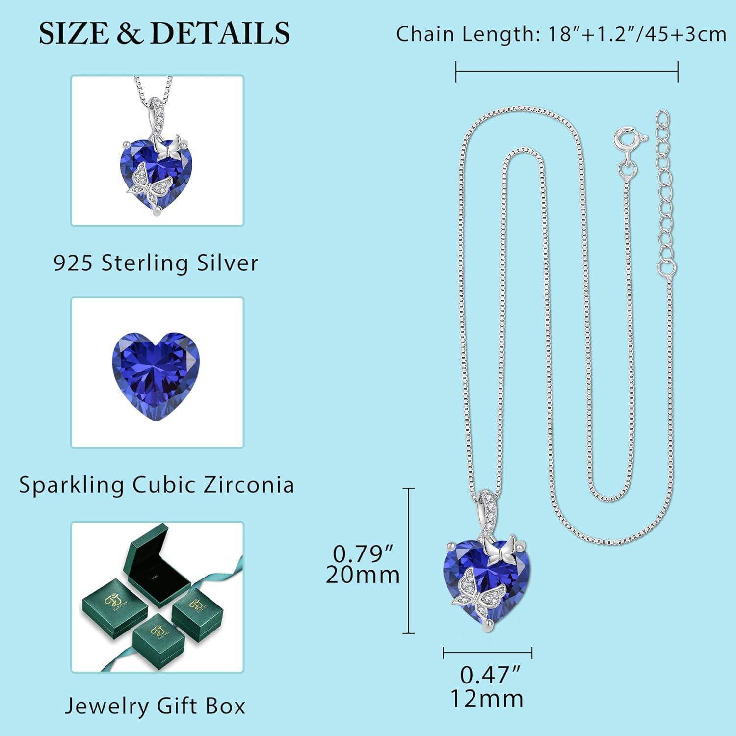 Produktgrößendetails für eine Herzkette: 18+1,2/45+3 cm Kette, 0,79 Zoll/20 mm Anhänger, 0,47 Zoll/12 mm breit; 925er Sterlingsilber, kubische Zirkonia, Geschenkbox enthalten.