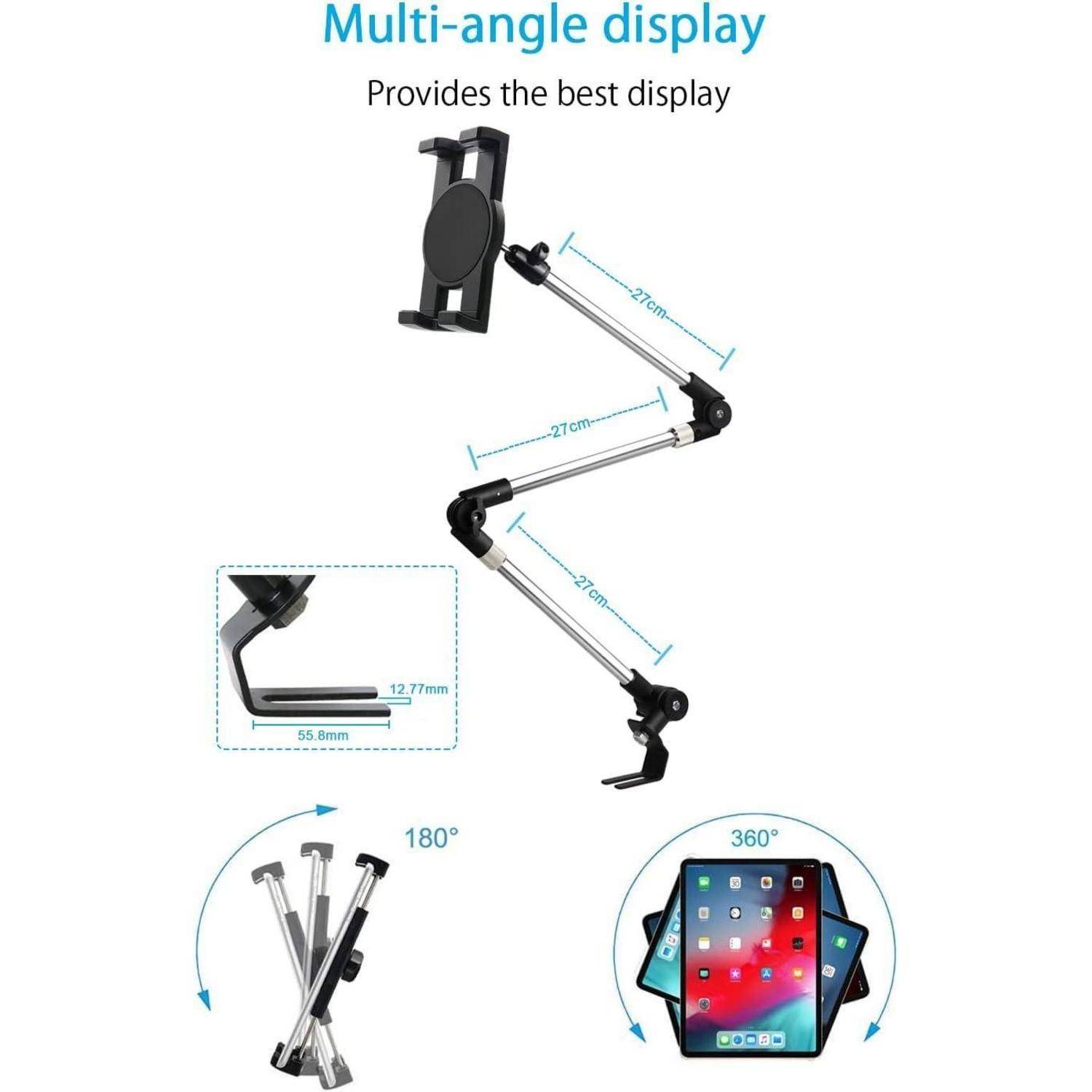 Diagramm einer Tablet-Armhalterung mit mehrwinkeliger Verstellung, die 27-cm-Segmente, 180°-Faltung, 360°-Rotation und Klemmabmessungen zeigt.