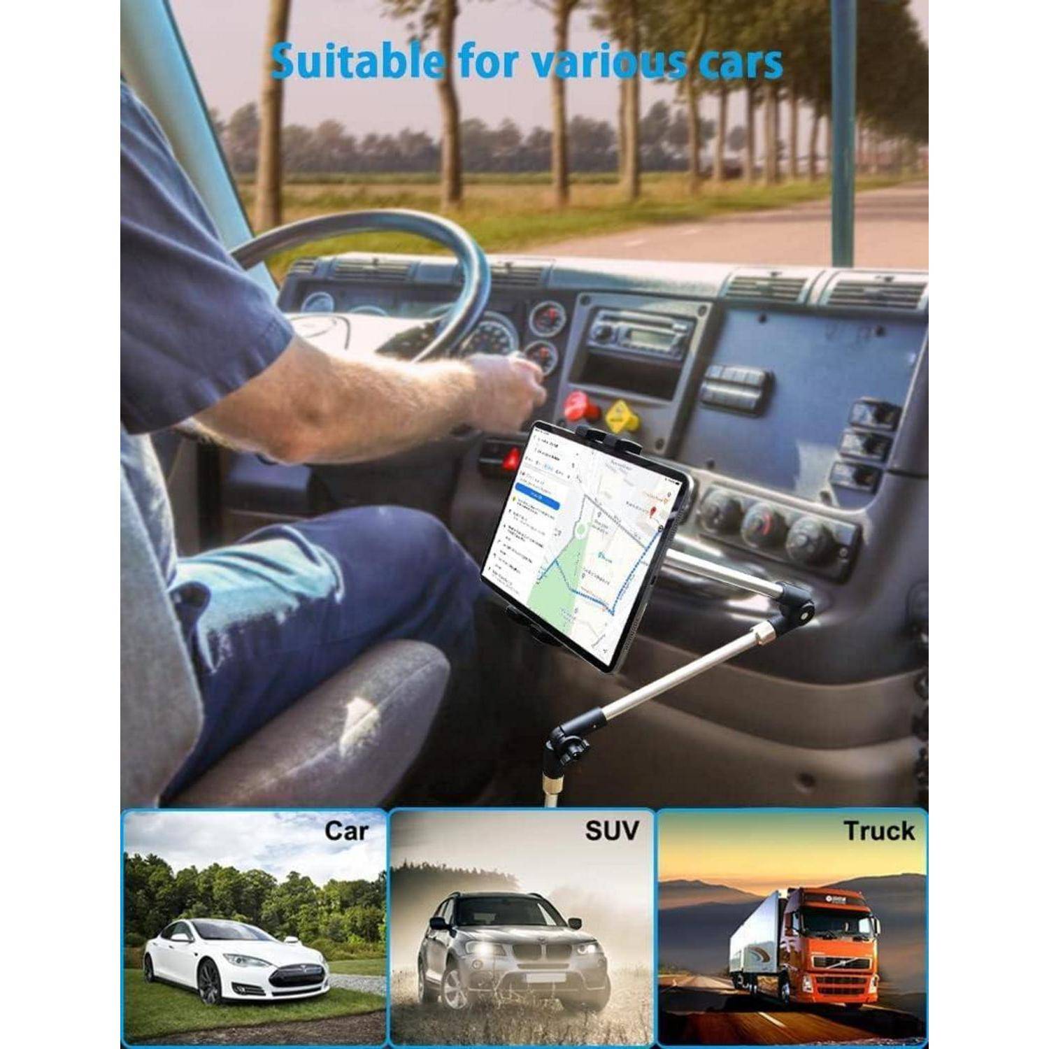 Tablet-GPS in einem Fahrzeugarmaturenbrett montiert, mit Text "Geeignet für verschiedene Autos"" und Beispiele, die zeigen, dass es in ein Auto, SUV und Lastwagen passt.