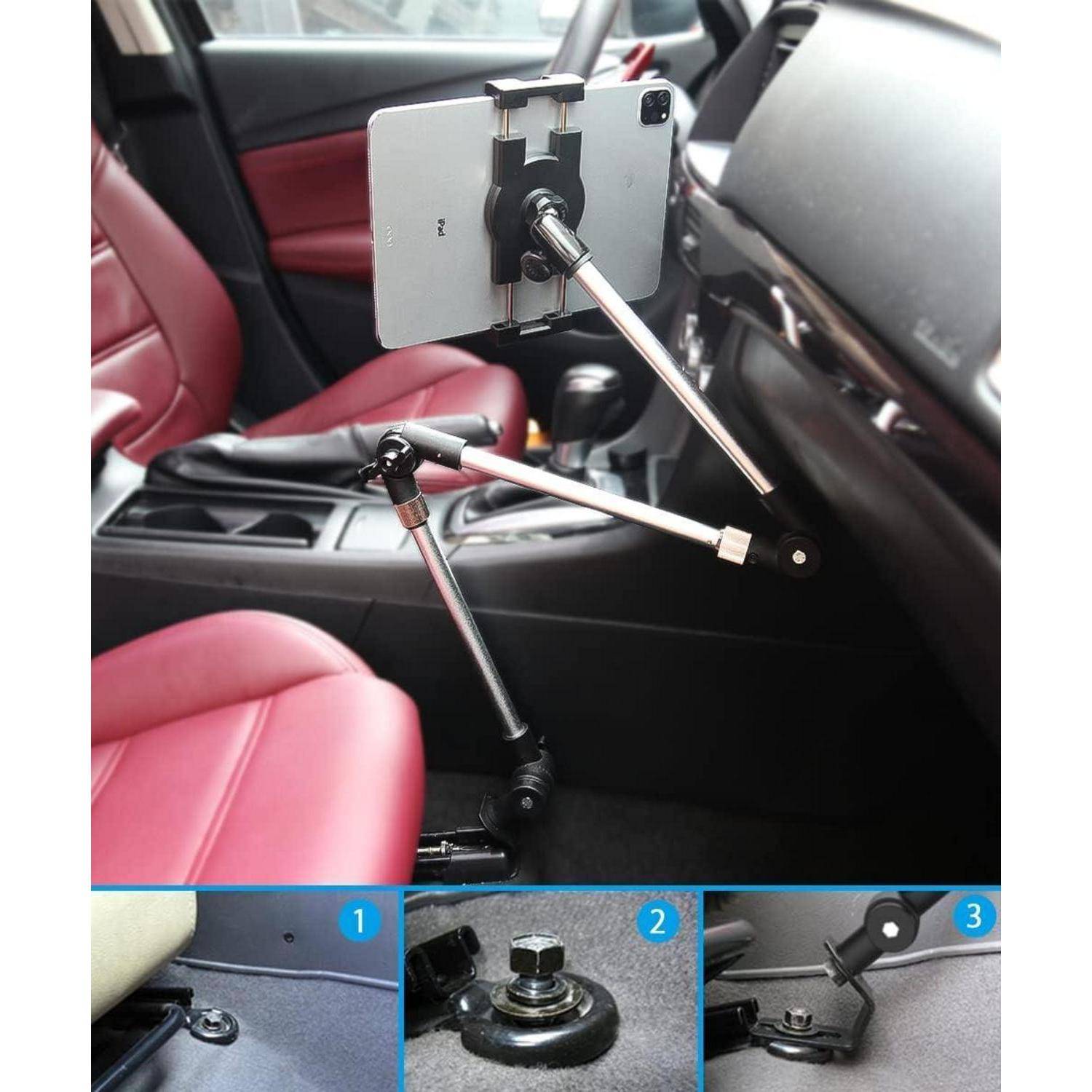 Tablet auf einem verstellbaren Arm im Bereich des Vordersitzes eines Autos montiert, mit drei kleineren Feldern, die Nahaufnahmen der Montagehardware und Platzierungsoptionen zeigen.