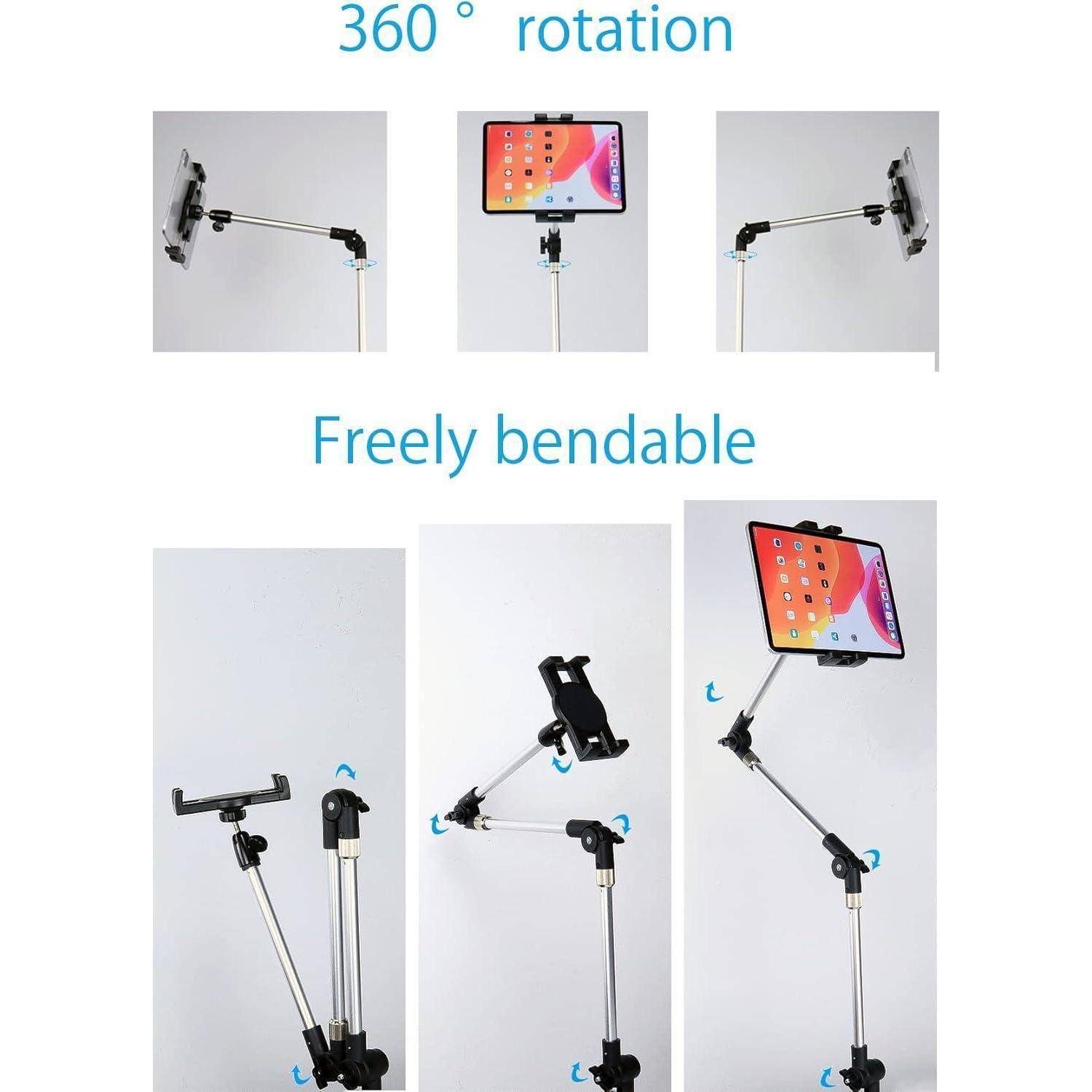 Produktdemo zeigt einen verstellbaren Tablet-/Smartphone-Ständer mit 360°-Drehung und frei beweglichem Arm in mehreren Positionen.