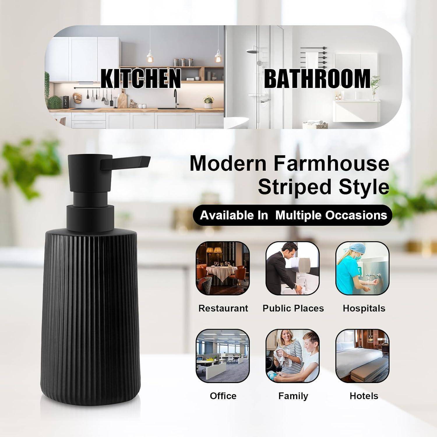Schwarz gestreifter Seifenspender mit Werbung als „Modern Farmhouse Striped Style
