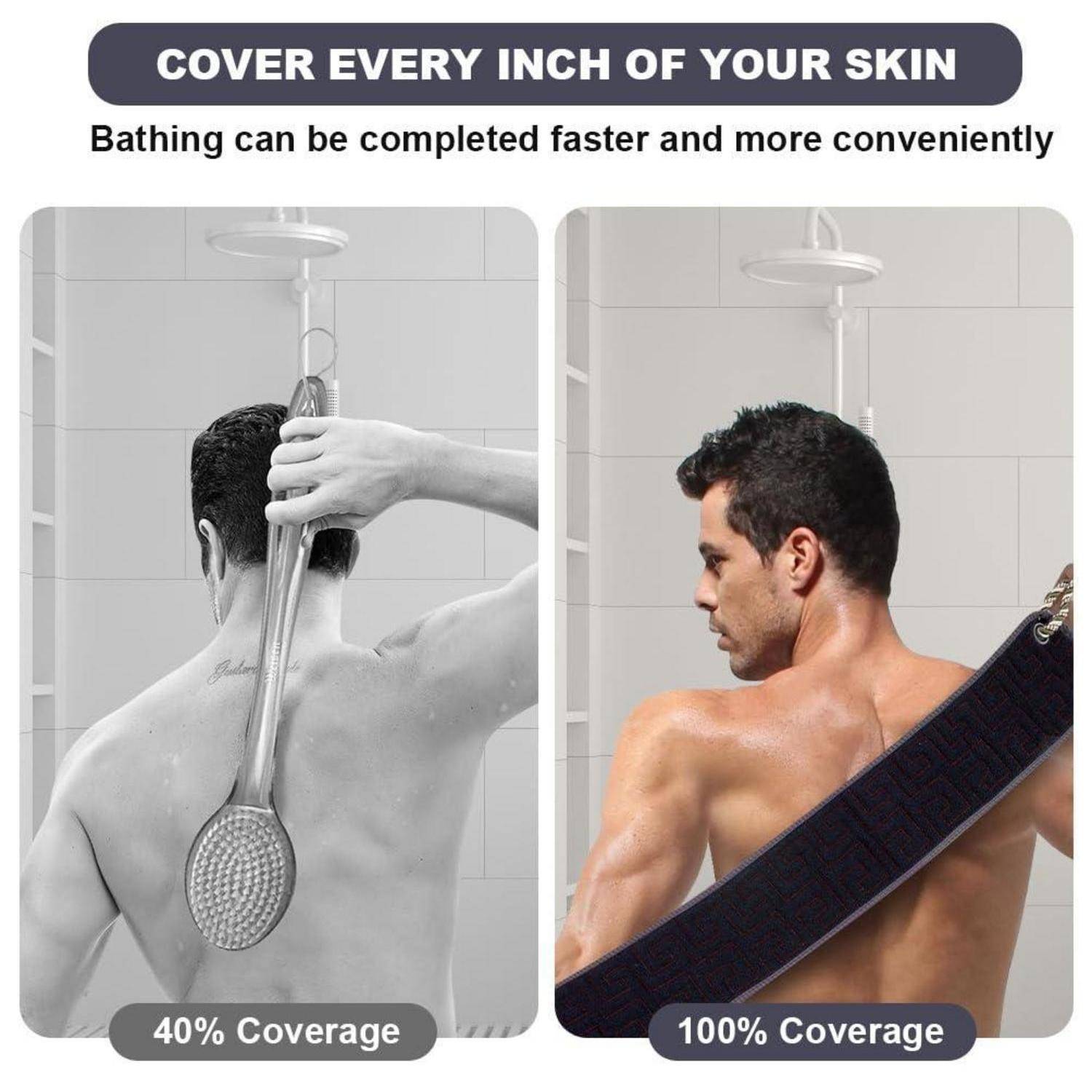 Vergleich der Dusche mit einem Handbrausekopf: links zeigt 40% Abdeckung, rechts zeigt 100% Abdeckung.