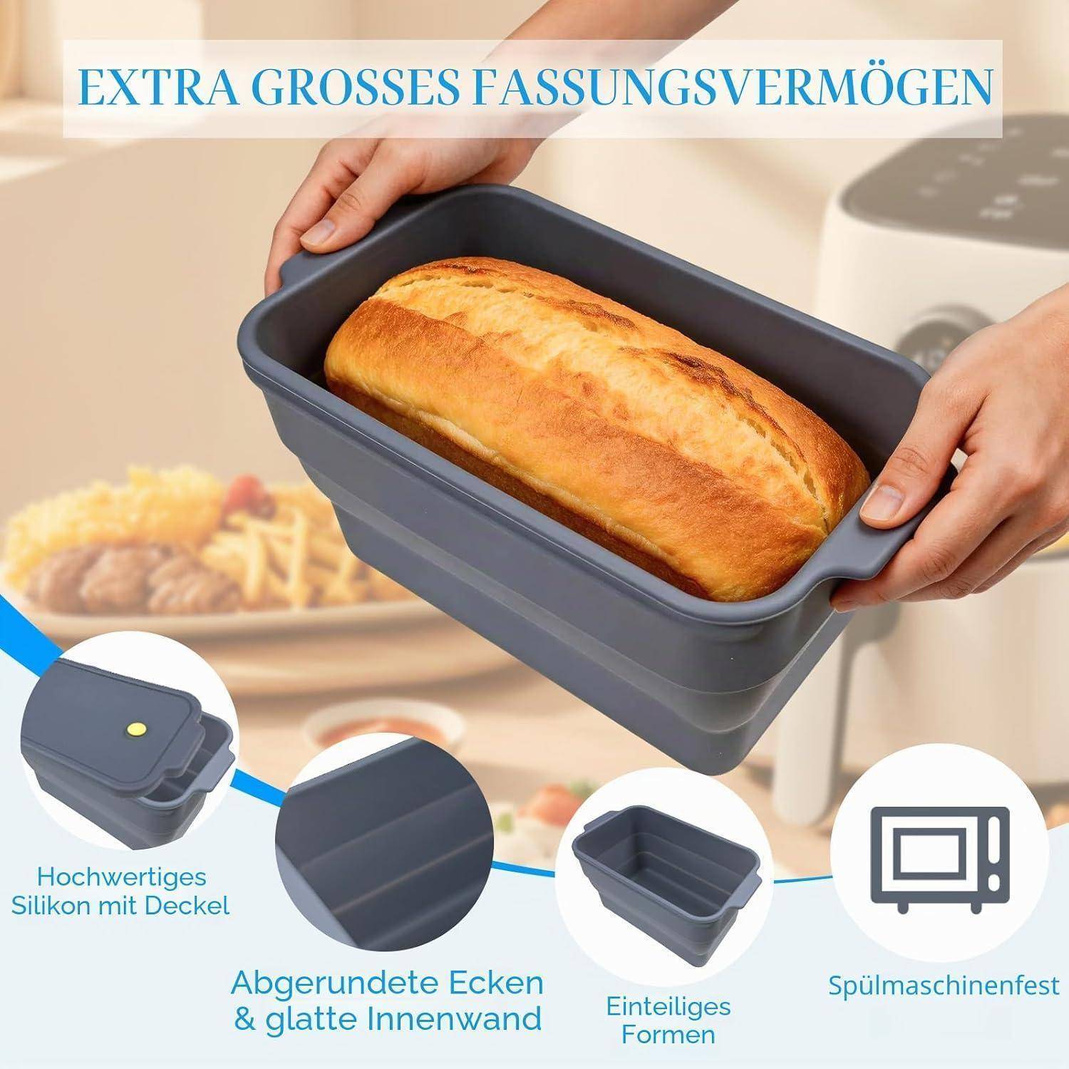 Werbebild einer Silikon-Kastenform mit Brot, mit deutschem Text, der die extra große Kapazität, den Deckel, die abgerundeten Ecken, das glatte Innere, das einteilige Design und die Spülmaschinensicherheit hervorhebt.