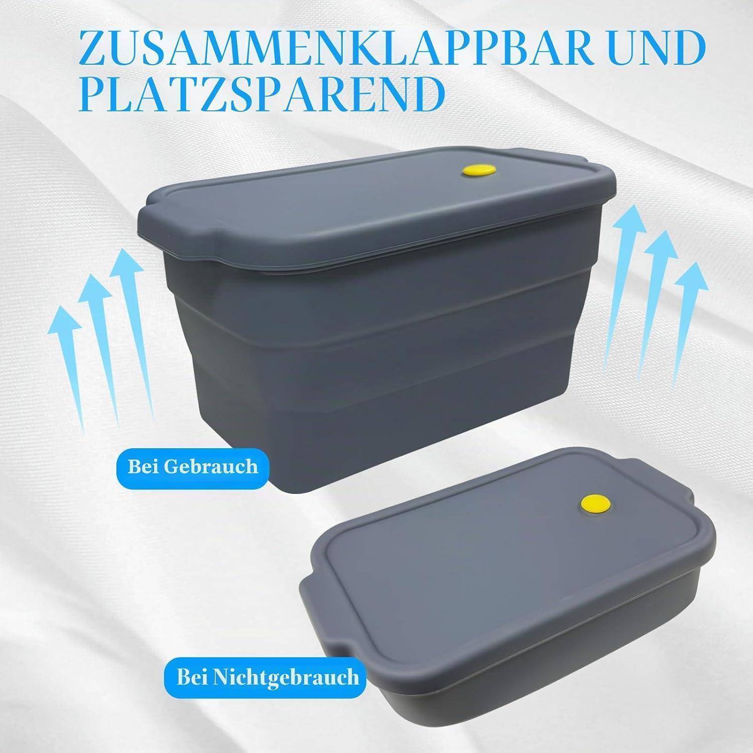 Zusammenklappbare graue Lagerkiste, abgebildet offen zur Verwendung und flach zusammengeklappt zur Lagerung, mit den Beschriftungen „Bei Gebrauch