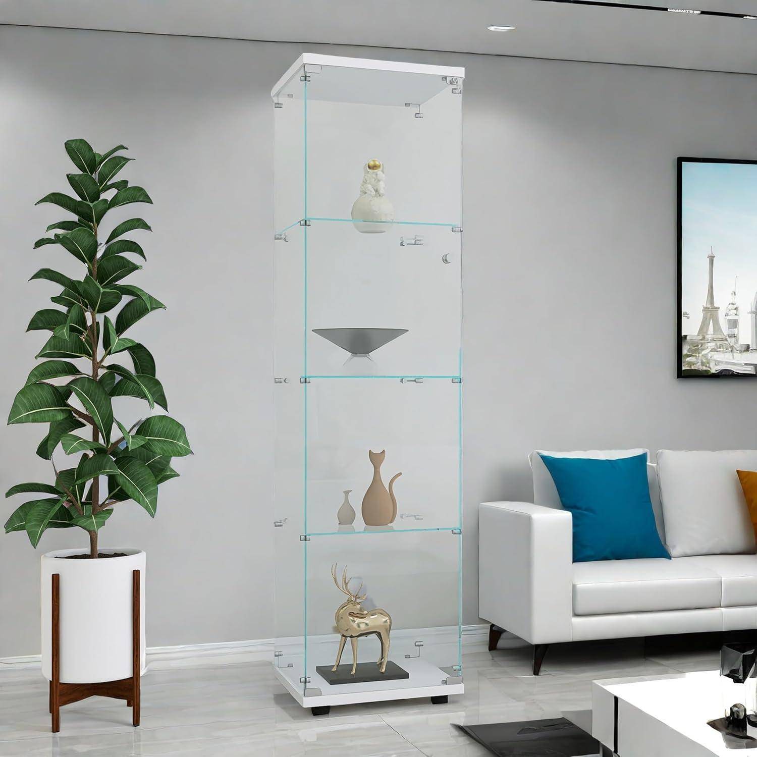 Vitrine aus Glas, 4 Regale, Aufbewahrungsschrank aus Glas, freistehend, Vitrine mit Schloss, für Schlafzimmer, Wohnzimmer und Esszimmer, 36,5 x 42,5