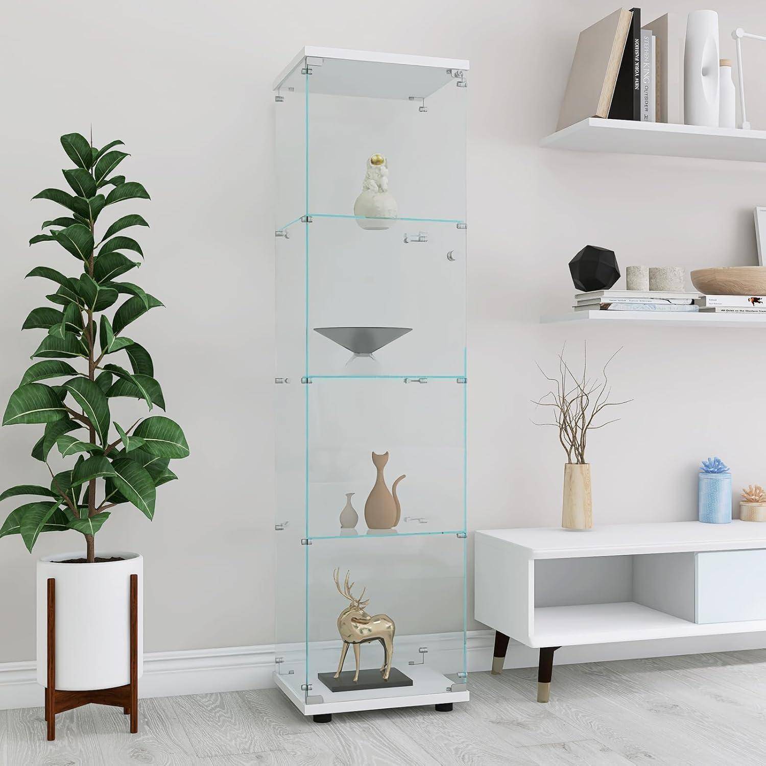Vitrine aus Glas, 4 Regale, Aufbewahrungsschrank aus Glas, freistehend, Vitrine mit Schloss, für Schlafzimmer, Wohnzimmer und Esszimmer, 36,5 x 42,5