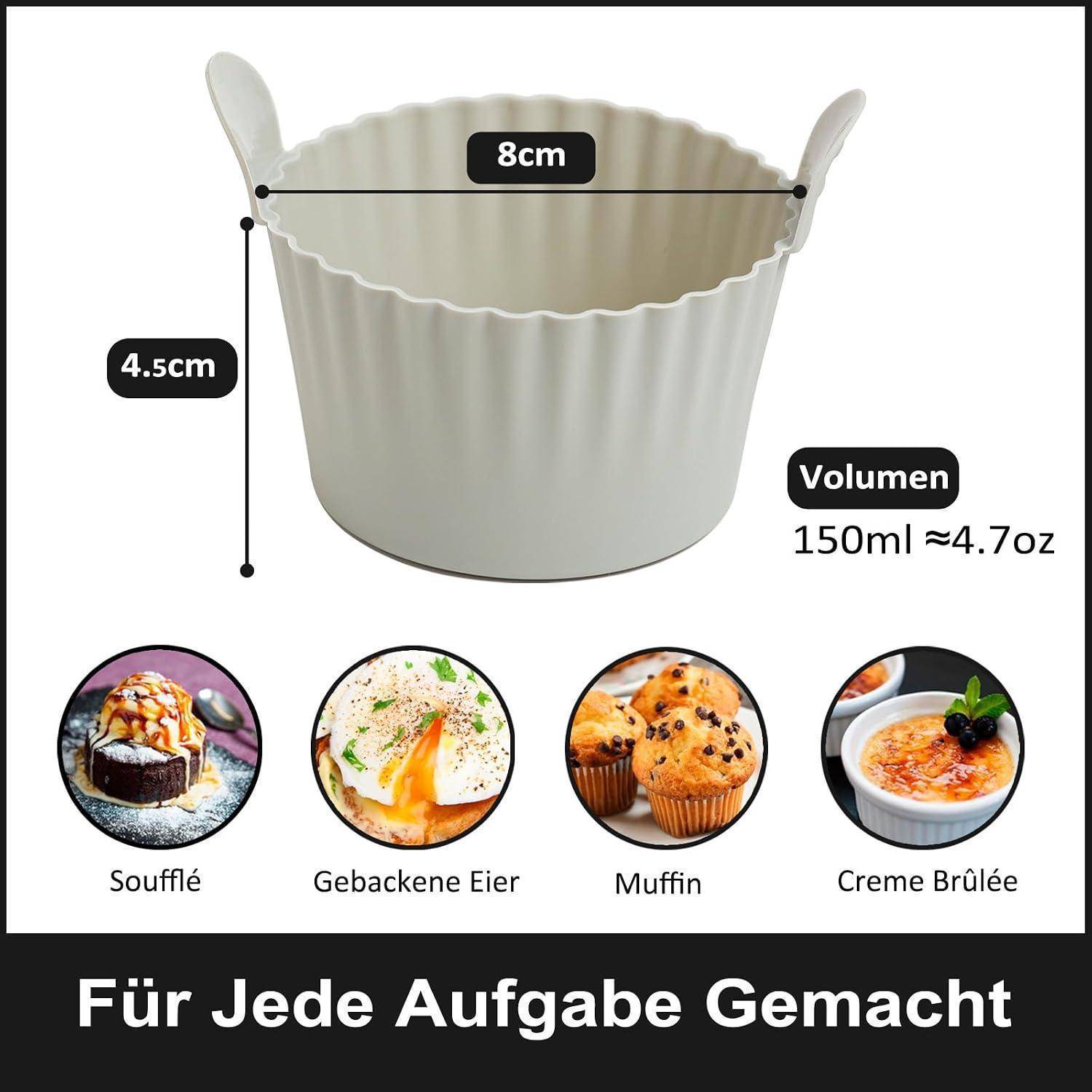 Weiße Silikonbackform mit Henkeln, 8 cm breit, 4,5 cm hoch, 150 ml Fassungsvermögen; abgebildet mit Anwendungen für Soufflé, gebackene Eier, Muffins und Crème Brûlée.