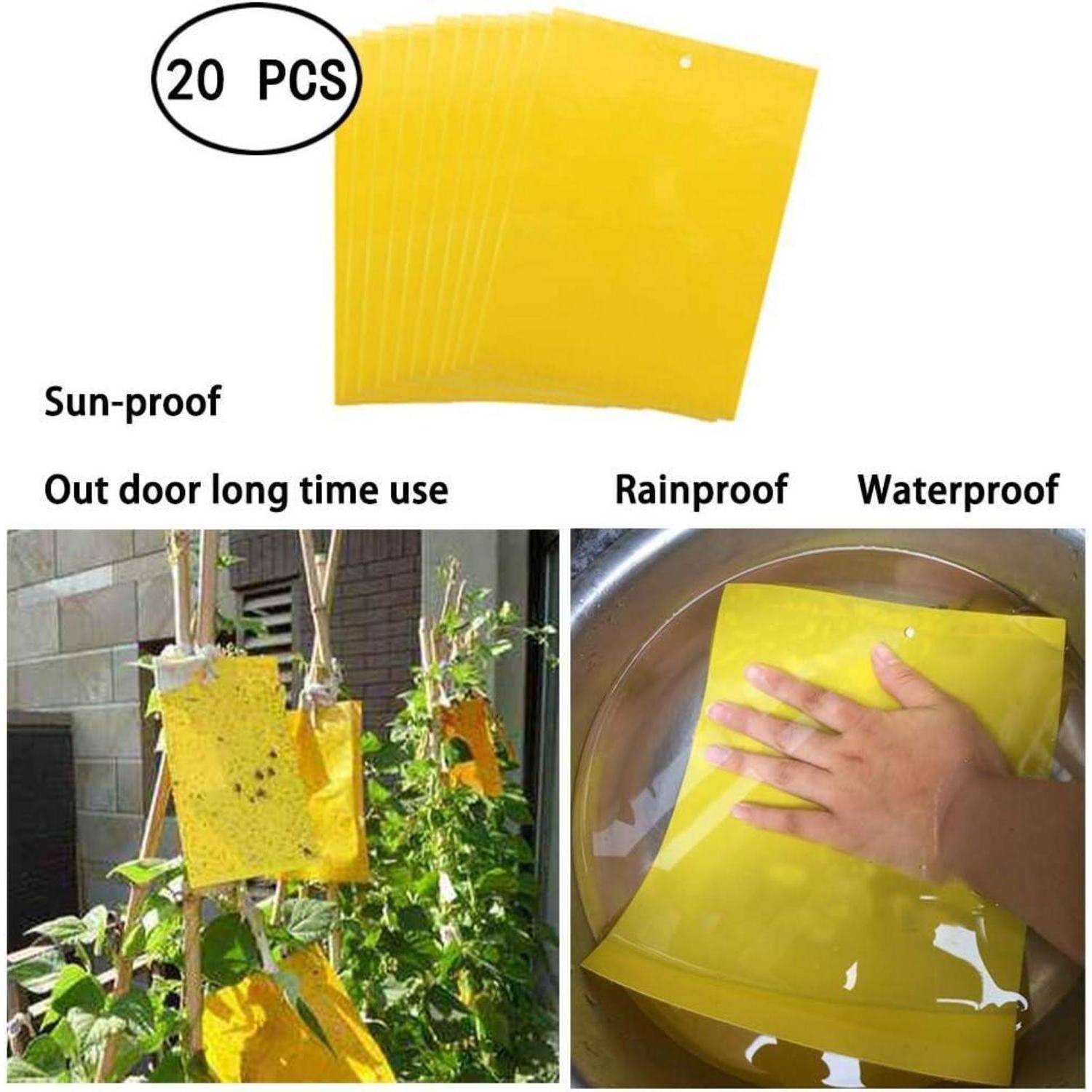 Packung mit 20 gelben wasserdichten Pflanzentaschen, gezeigt mit wetterfester Verwendung im Freien und einer Hand, die eine in Wasser eintaucht, um den Regenschutz zu demonstrieren.